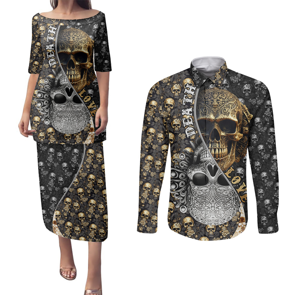 skull-pattern-couples-matching-puletasi-dress-and-long-sleeve-button-shirts-love-and-death