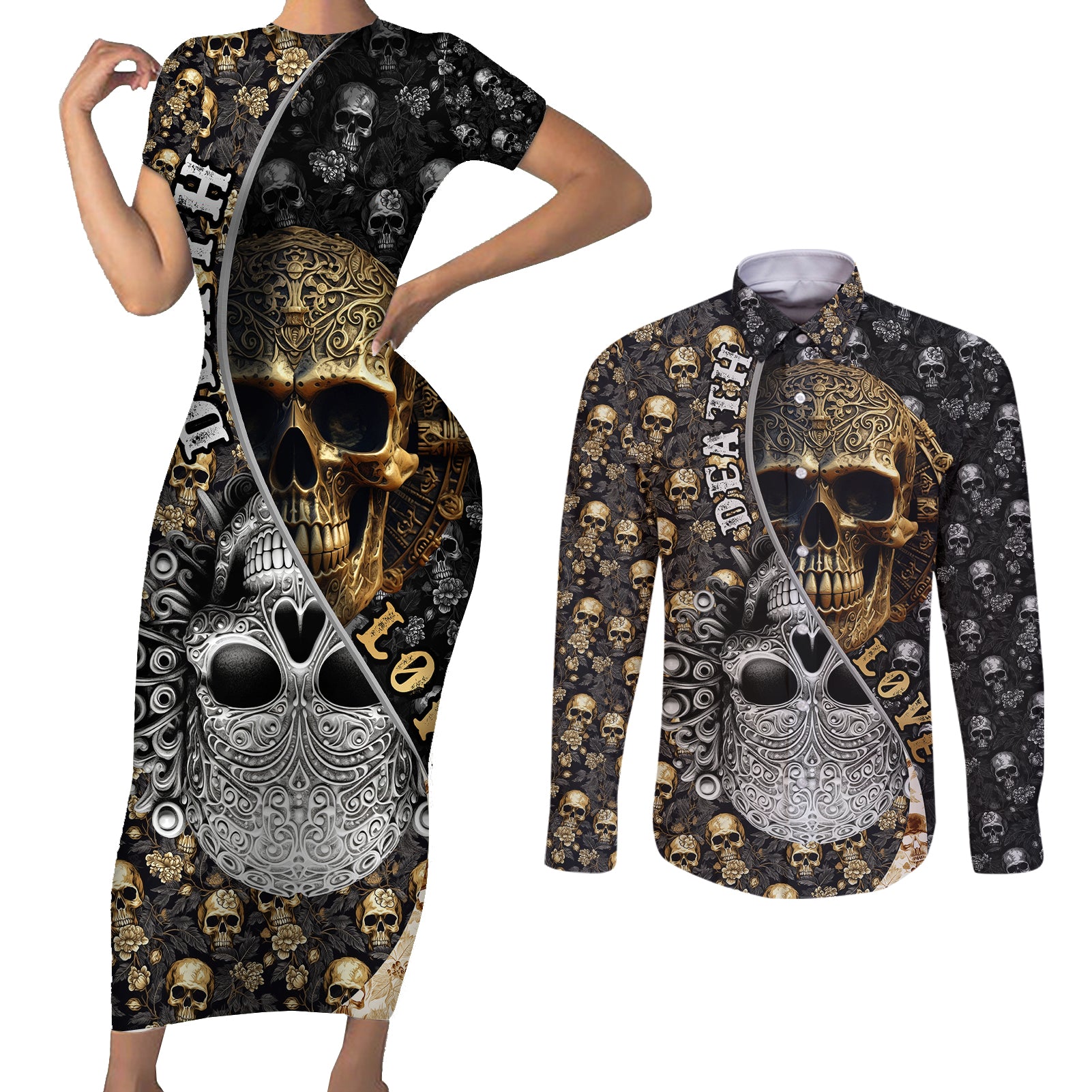 skull-pattern-couples-matching-short-sleeve-bodycon-dress-and-long-sleeve-button-shirts-love-and-death