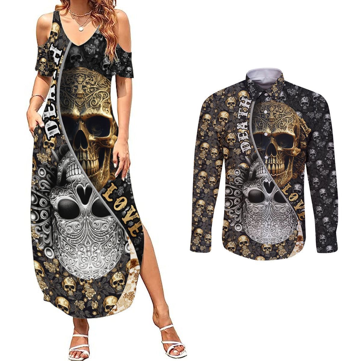 skull-pattern-couples-matching-summer-maxi-dress-and-long-sleeve-button-shirts-love-and-death