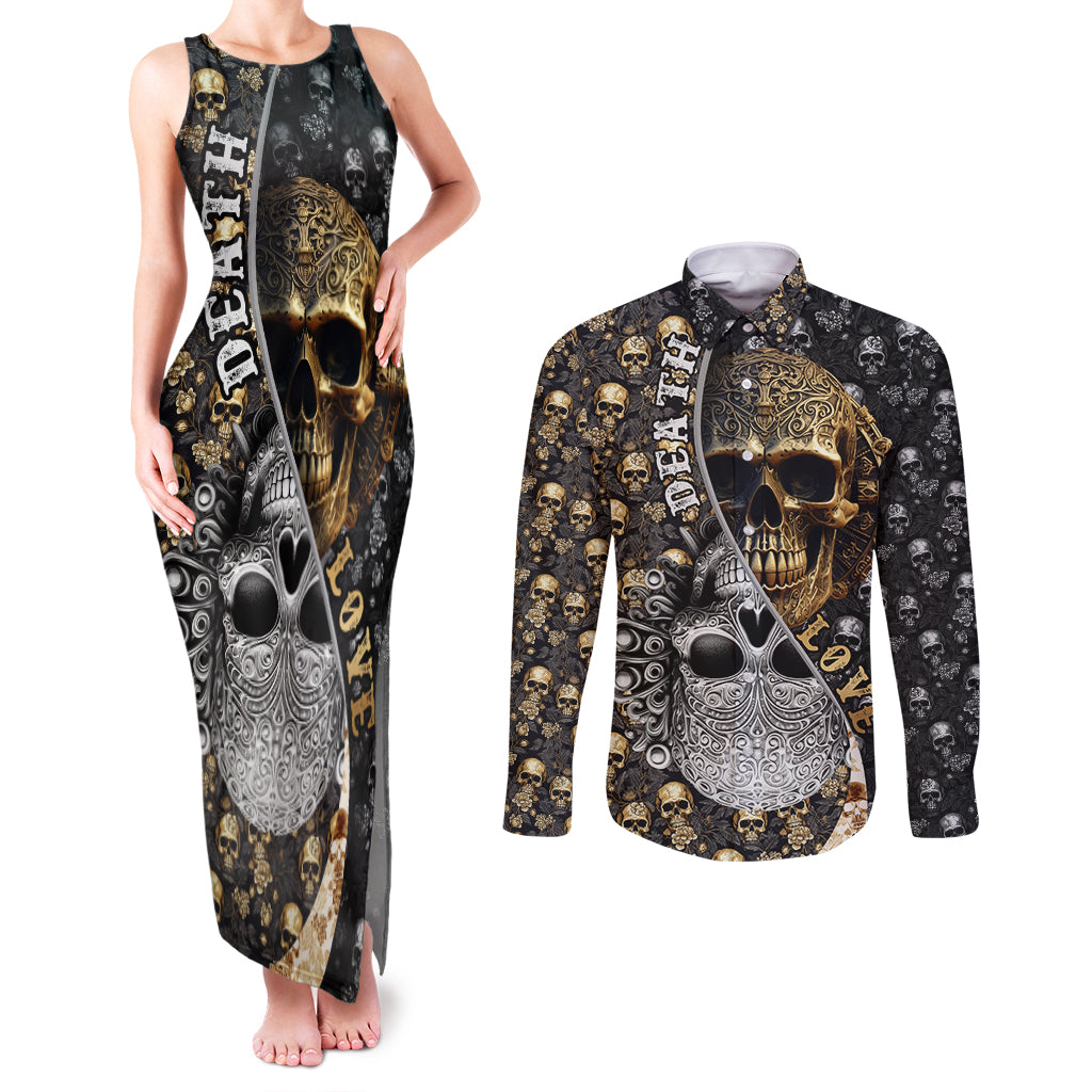 skull-pattern-couples-matching-tank-maxi-dress-and-long-sleeve-button-shirts-love-and-death