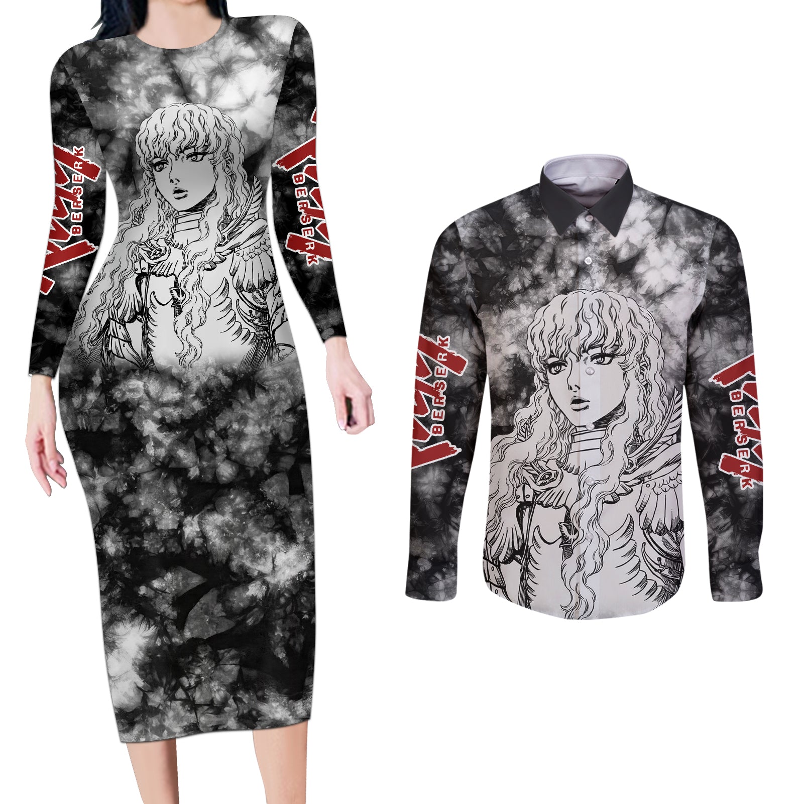Griffith Berserk Couples Matching Long Sleeve Bodycon Dress and Long Sleeve Button Shirt Grunge Style