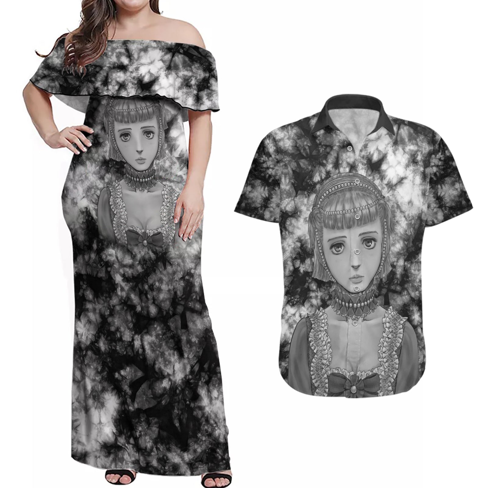 Farnese de Vandimion Berserk Couples Matching Off Shoulder Maxi Dress and Hawaiian Shirt Grunge Style