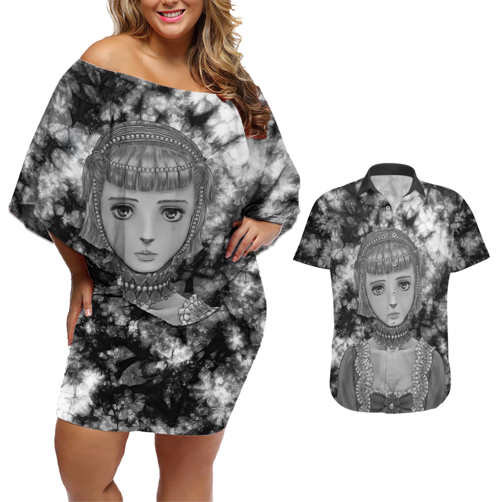 Farnese de Vandimion Berserk Couples Matching Off Shoulder Short Dress and Hawaiian Shirt Grunge Style