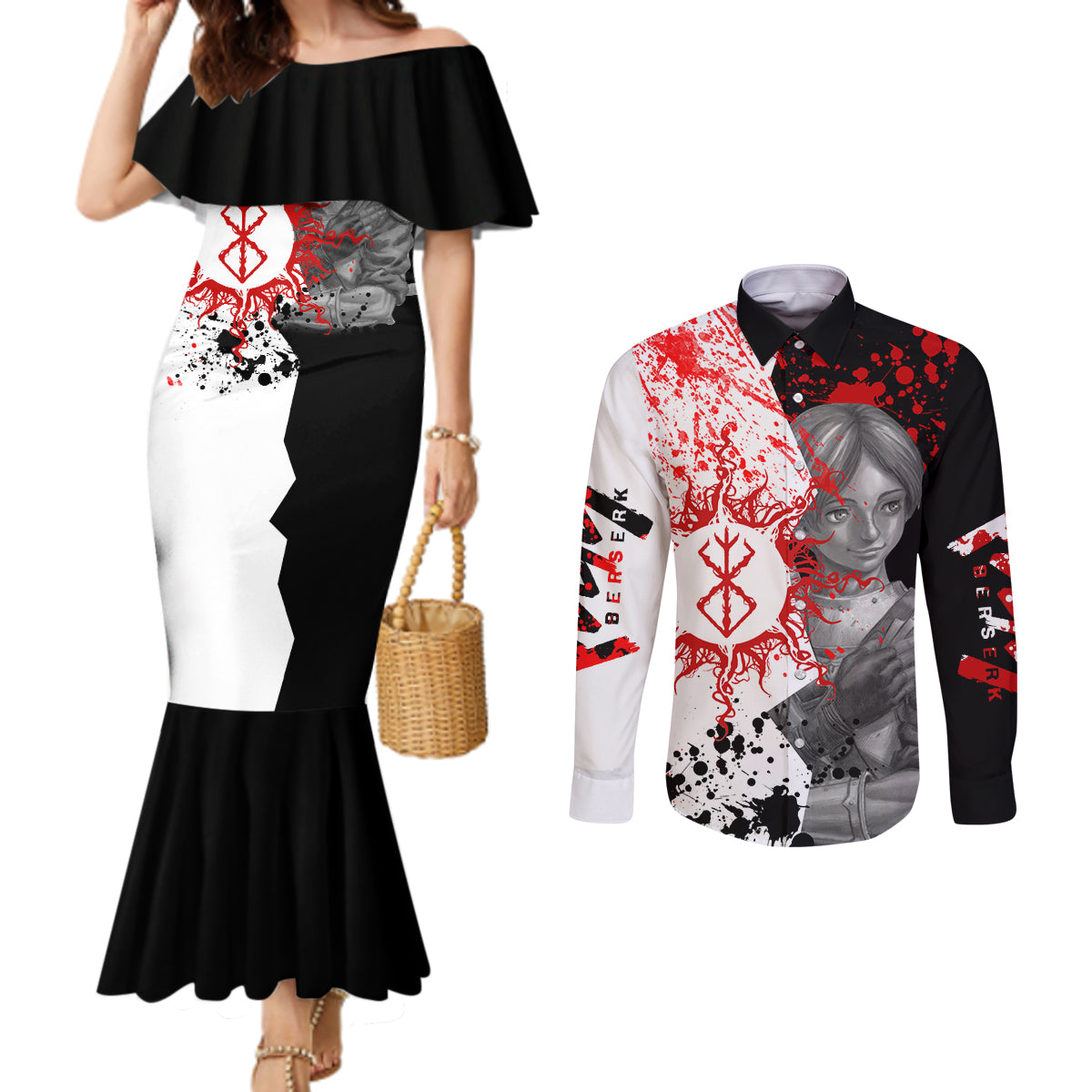 Judeau Berserk Couples Matching Mermaid Dress and Long Sleeve Button Shirt Anime Run Symbol Blood Style