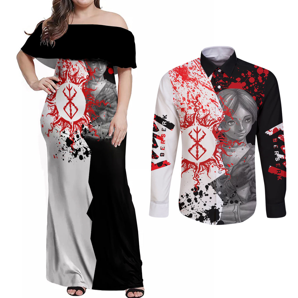 Judeau Berserk Couples Matching Off Shoulder Maxi Dress and Long Sleeve Button Shirt Anime Run Symbol Blood Style