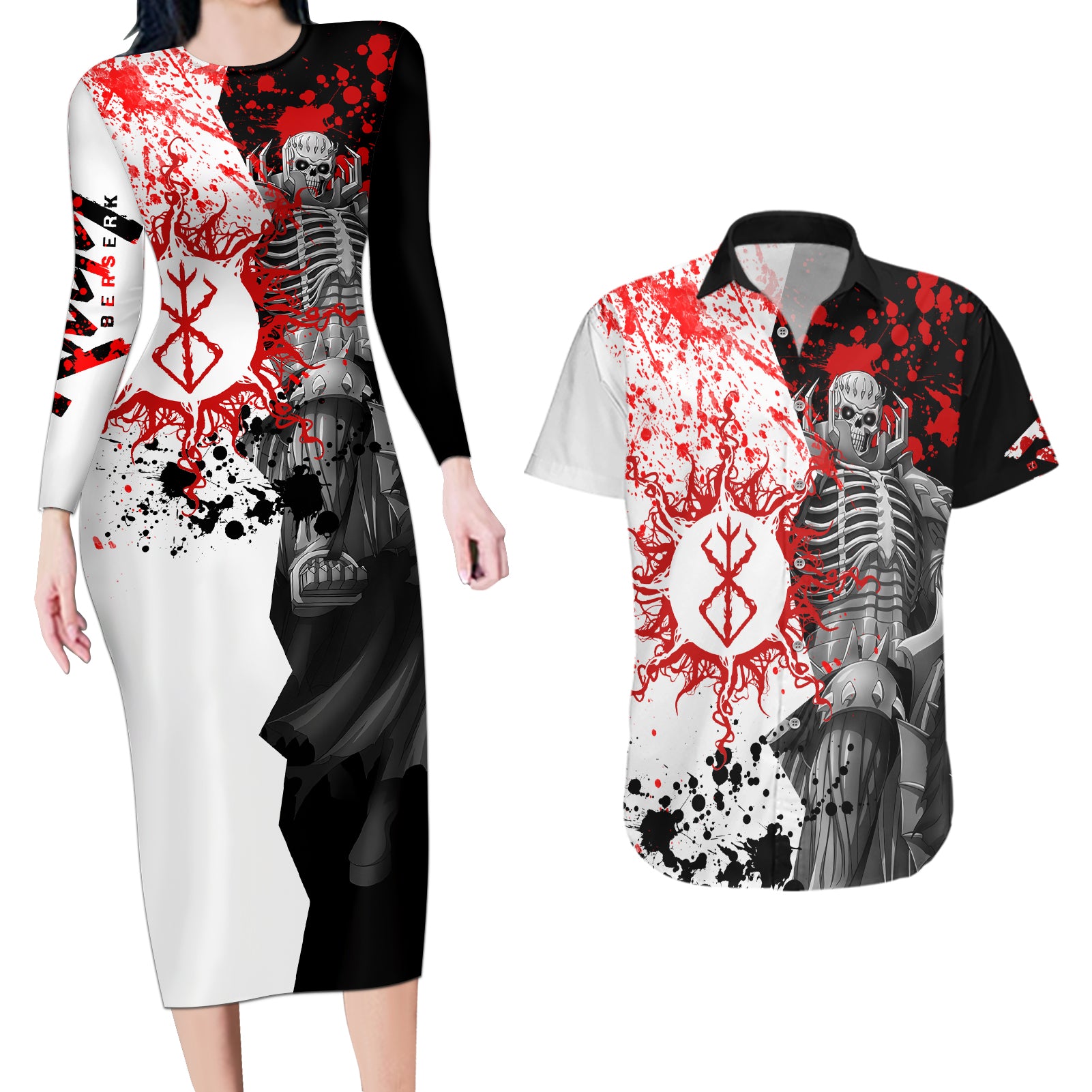 The Skull Knight Berserk Couples Matching Long Sleeve Bodycon Dress and Hawaiian Shirt Anime Japan Style
