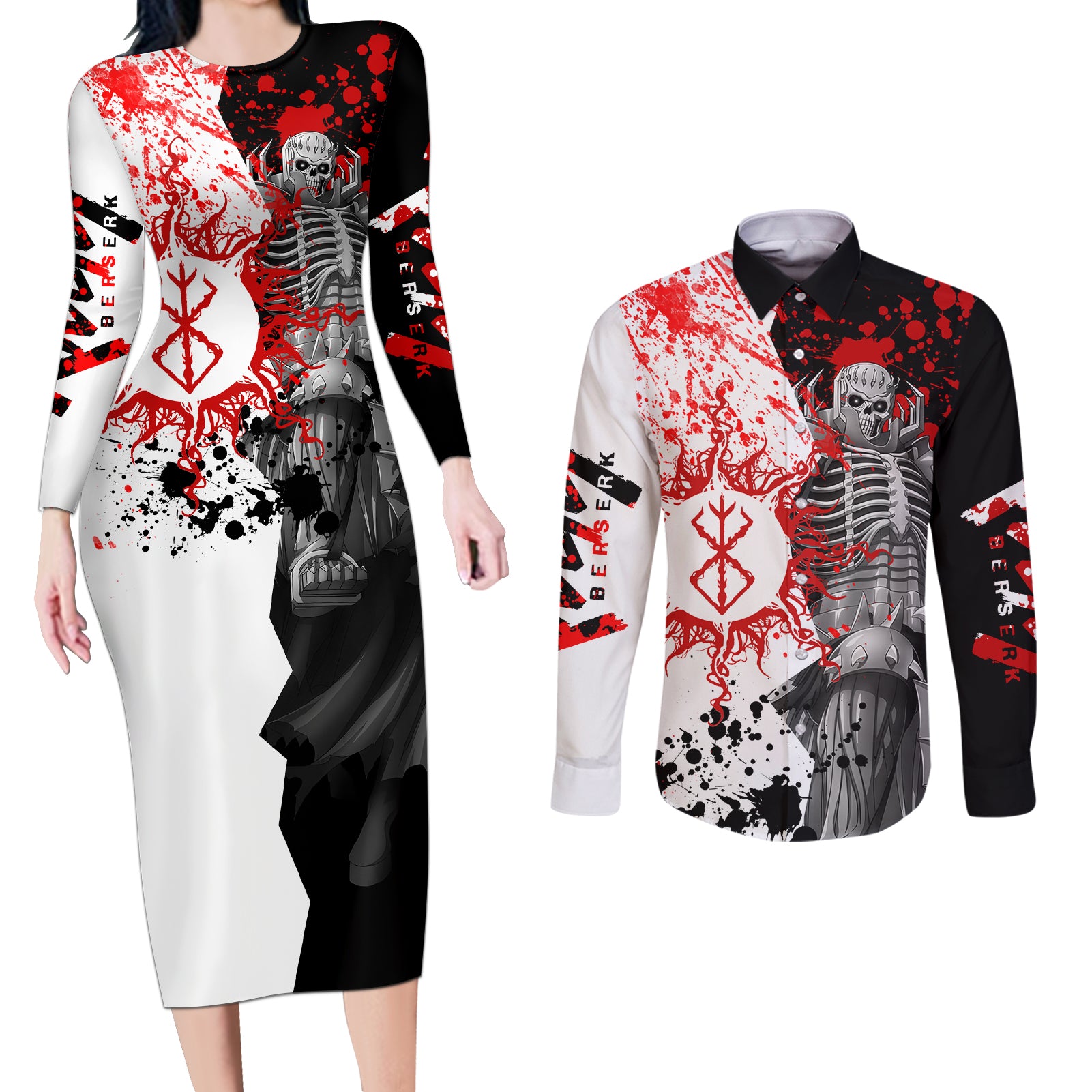 The Skull Knight Berserk Couples Matching Long Sleeve Bodycon Dress and Long Sleeve Button Shirt Anime Japan Style