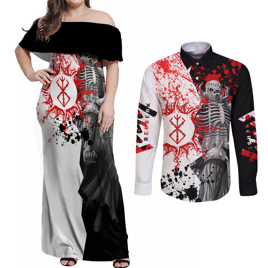 The Skull Knight Berserk Couples Matching Off Shoulder Maxi Dress and Long Sleeve Button Shirt Anime Japan Style
