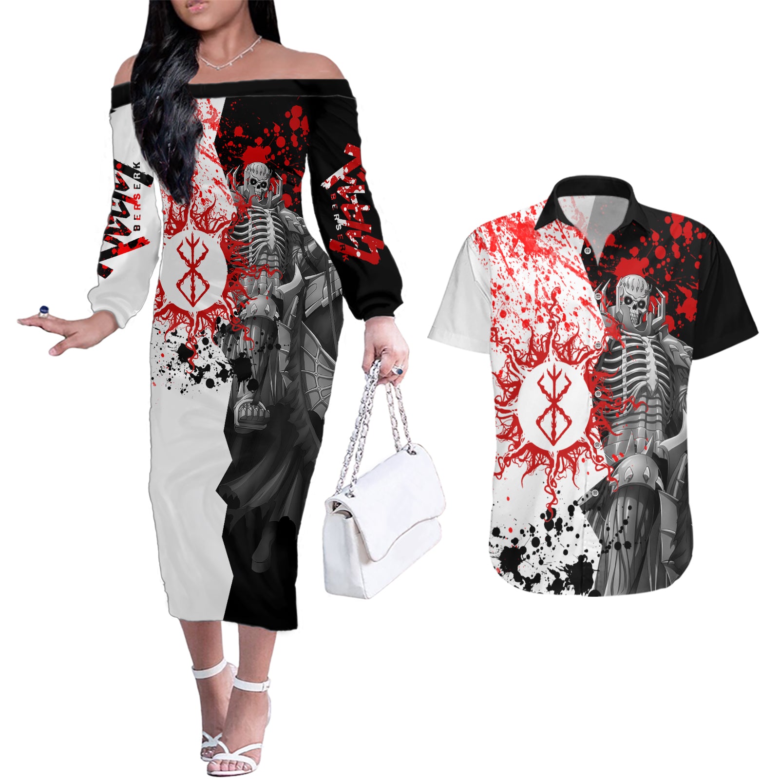 The Skull Knight Berserk Couples Matching Off The Shoulder Long Sleeve Dress and Hawaiian Shirt Anime Japan Style