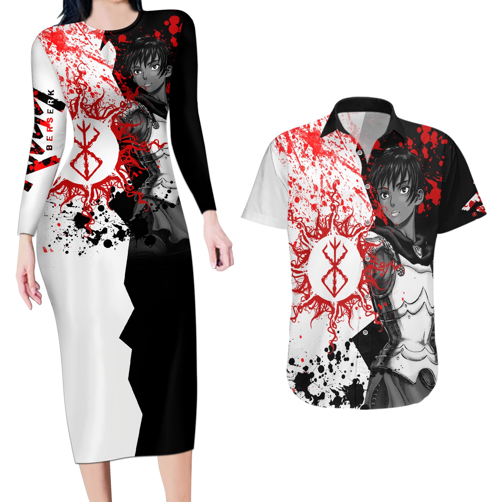 Casca Berserk Couples Matching Long Sleeve Bodycon Dress and Hawaiian Shirt Grunge Blood Style