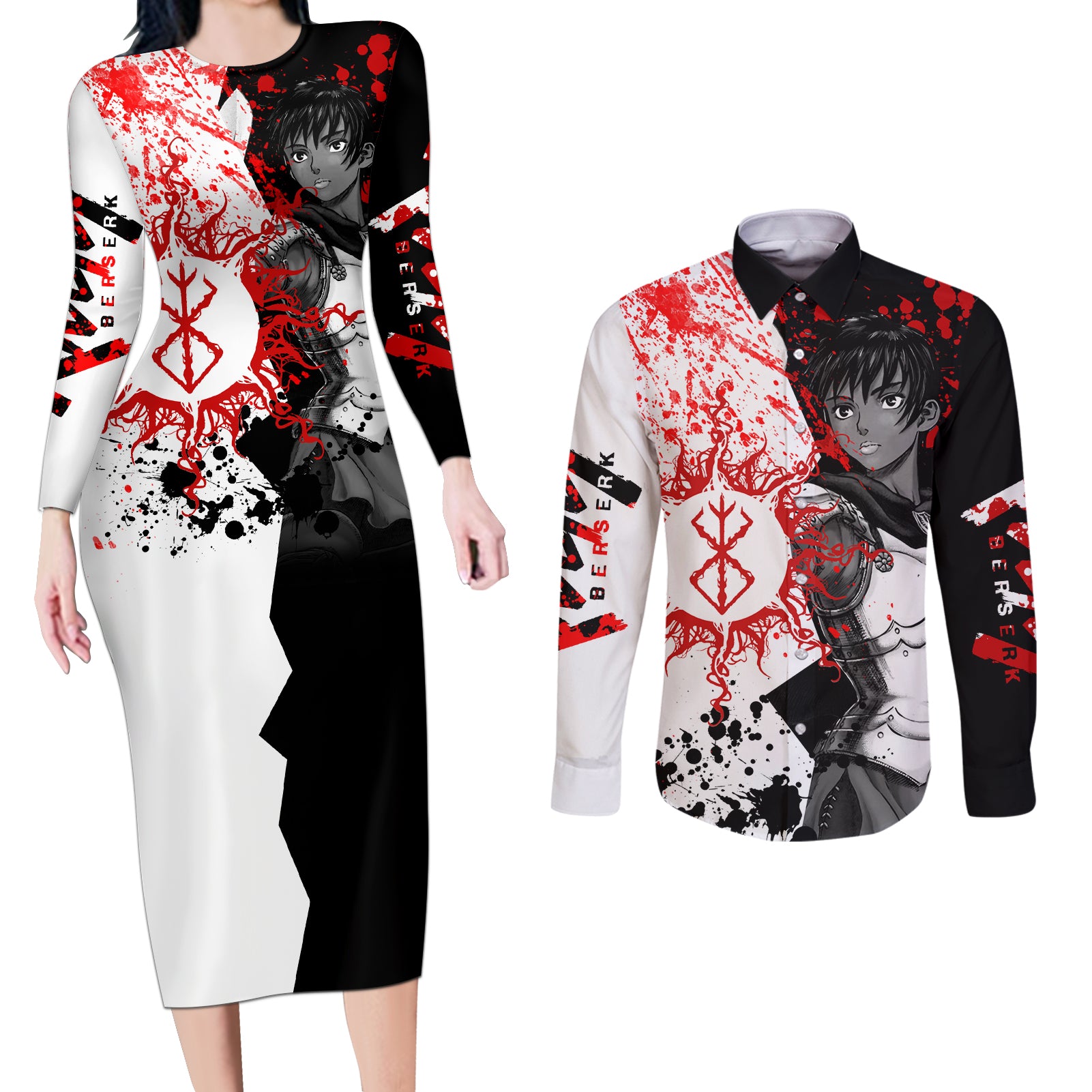 Casca Berserk Couples Matching Long Sleeve Bodycon Dress and Long Sleeve Button Shirt Grunge Blood Style