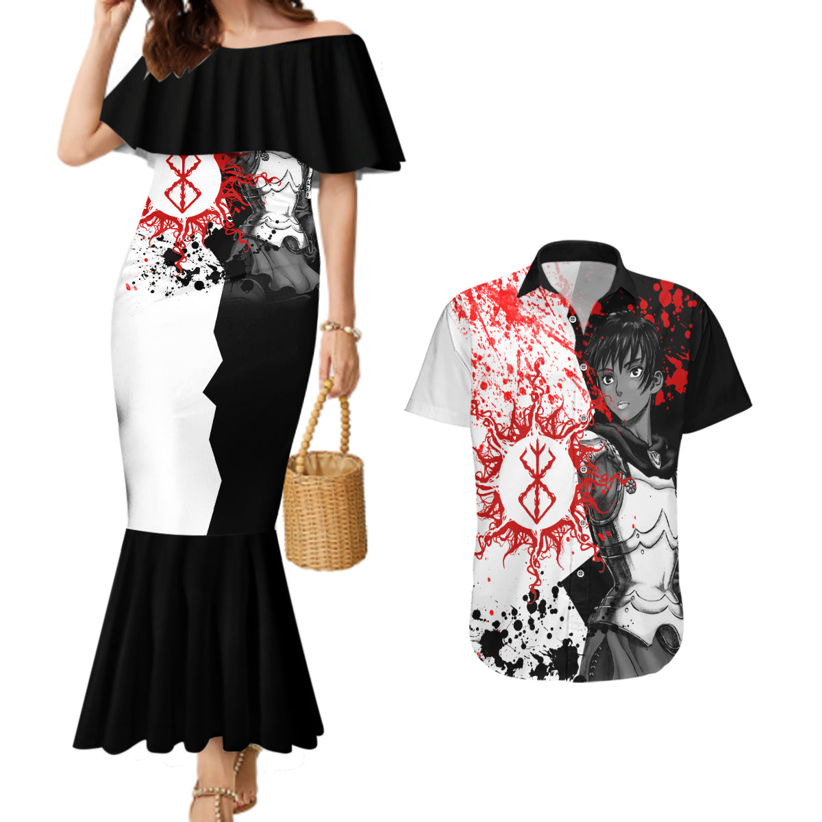 Casca Berserk Couples Matching Mermaid Dress and Hawaiian Shirt Grunge Blood Style