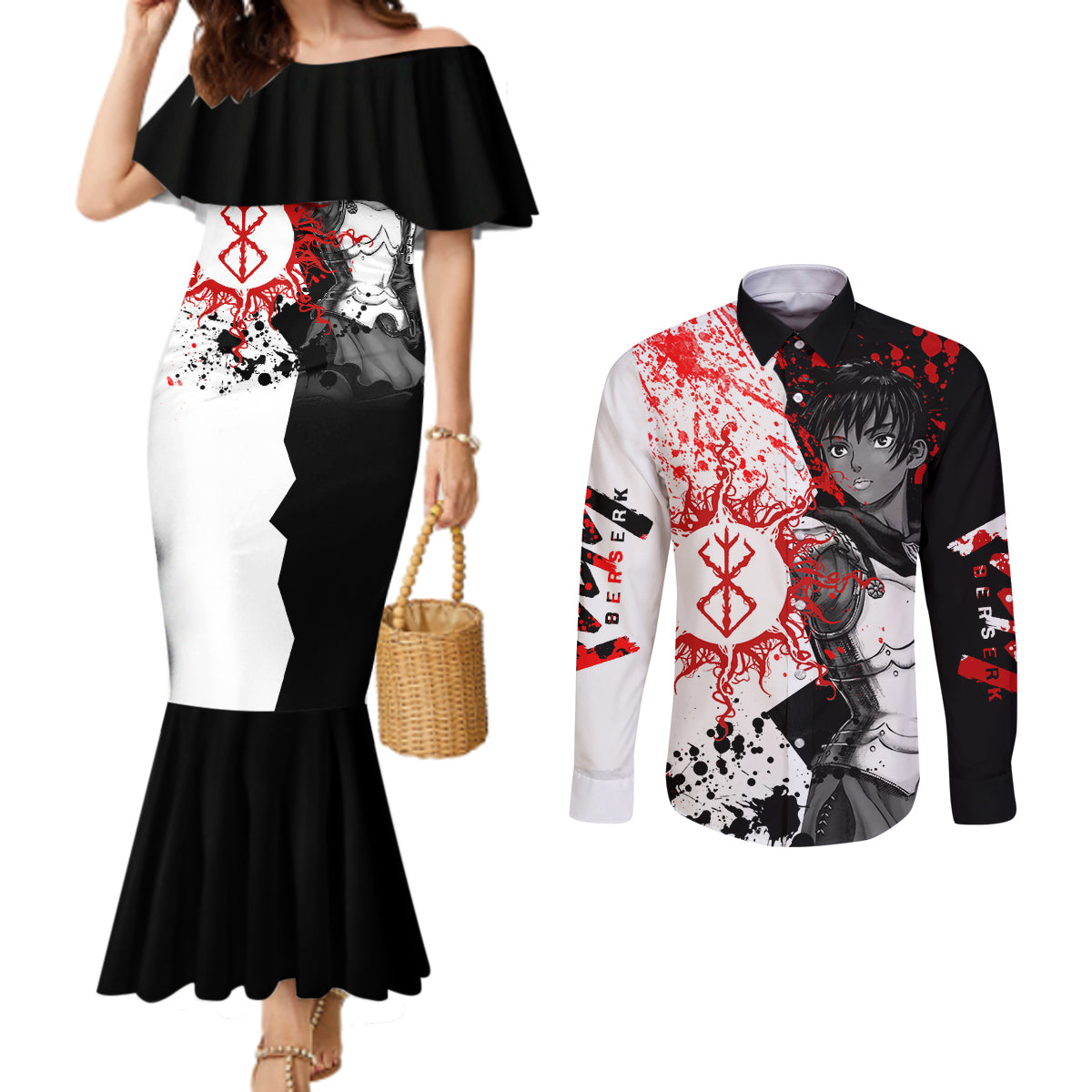 Casca Berserk Couples Matching Mermaid Dress and Long Sleeve Button Shirt Grunge Blood Style