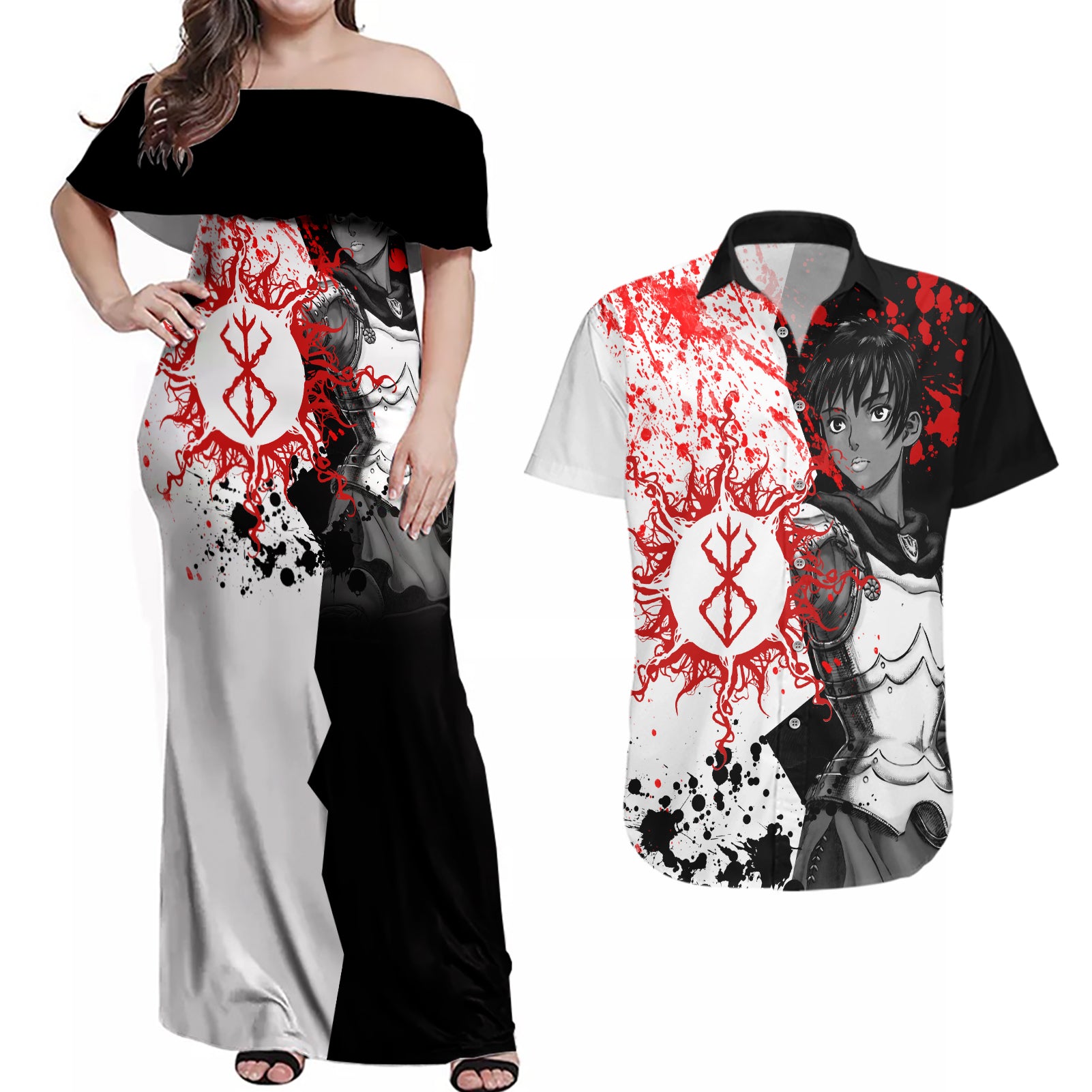 Casca Berserk Couples Matching Off Shoulder Maxi Dress and Hawaiian Shirt Grunge Blood Style