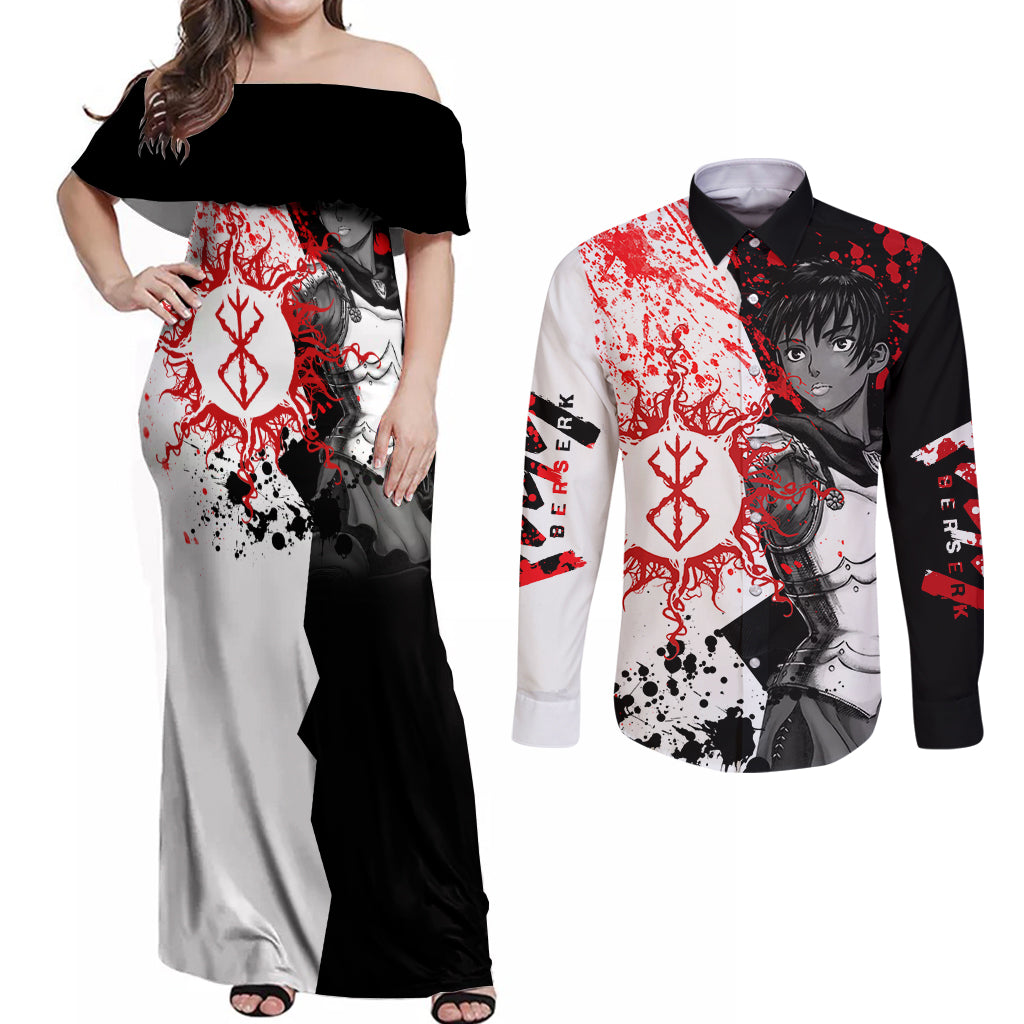 Casca Berserk Couples Matching Off Shoulder Maxi Dress and Long Sleeve Button Shirt Grunge Blood Style