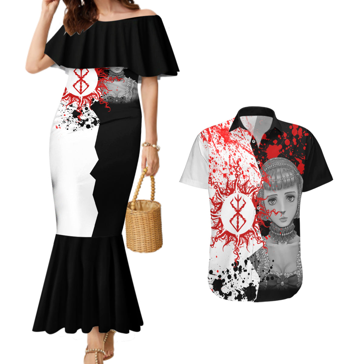 Farnese de Vandimion Berserk Couples Matching Mermaid Dress and Hawaiian Shirt Grunge Blood Style