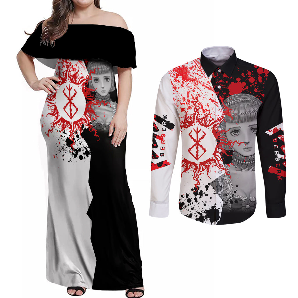 Farnese de Vandimion Berserk Couples Matching Off Shoulder Maxi Dress and Long Sleeve Button Shirt Grunge Blood Style