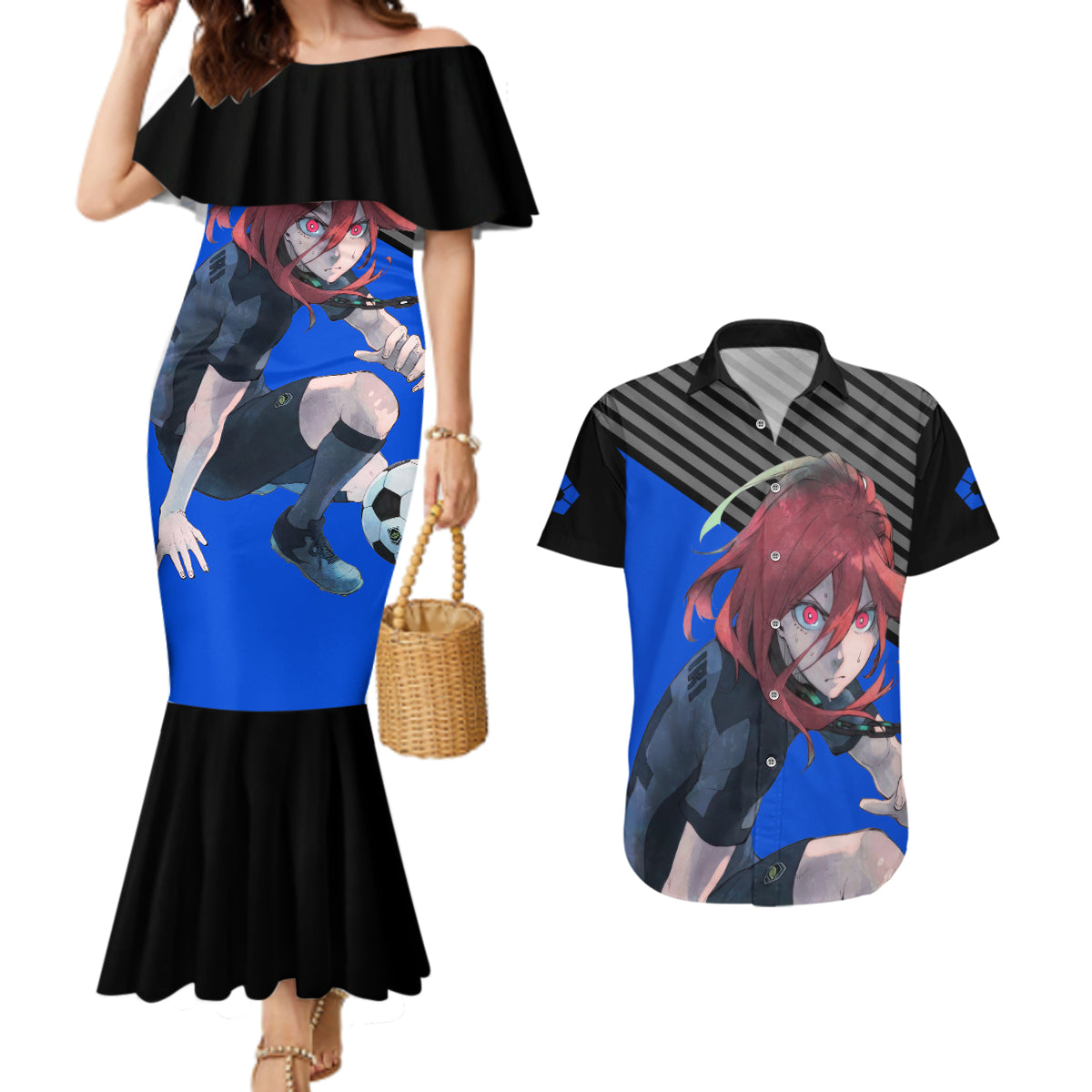 Hyoma Chigiri Blue Lock Couples Matching Mermaid Dress and Hawaiian Shirt Anime Style