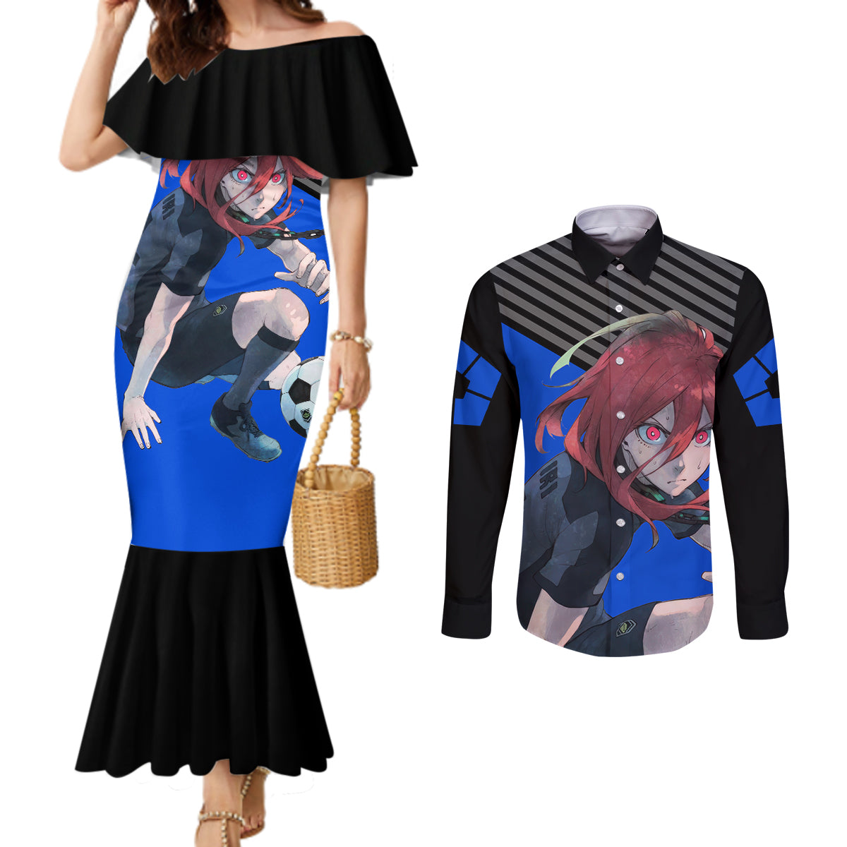 Hyoma Chigiri Blue Lock Couples Matching Mermaid Dress and Long Sleeve Button Shirt Anime Style