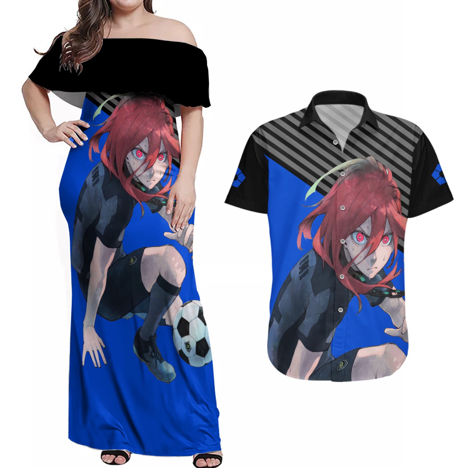 Hyoma Chigiri Blue Lock Couples Matching Off Shoulder Maxi Dress and Hawaiian Shirt Anime Style