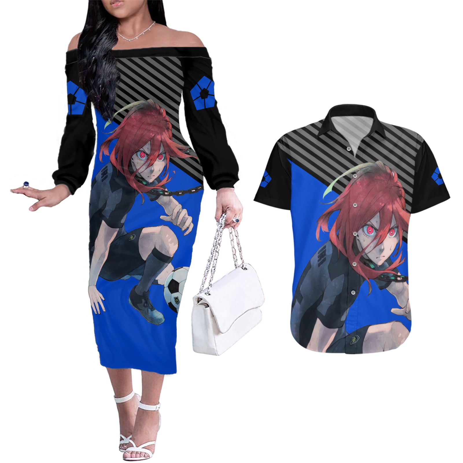 Hyoma Chigiri Blue Lock Couples Matching Off The Shoulder Long Sleeve Dress and Hawaiian Shirt Anime Style