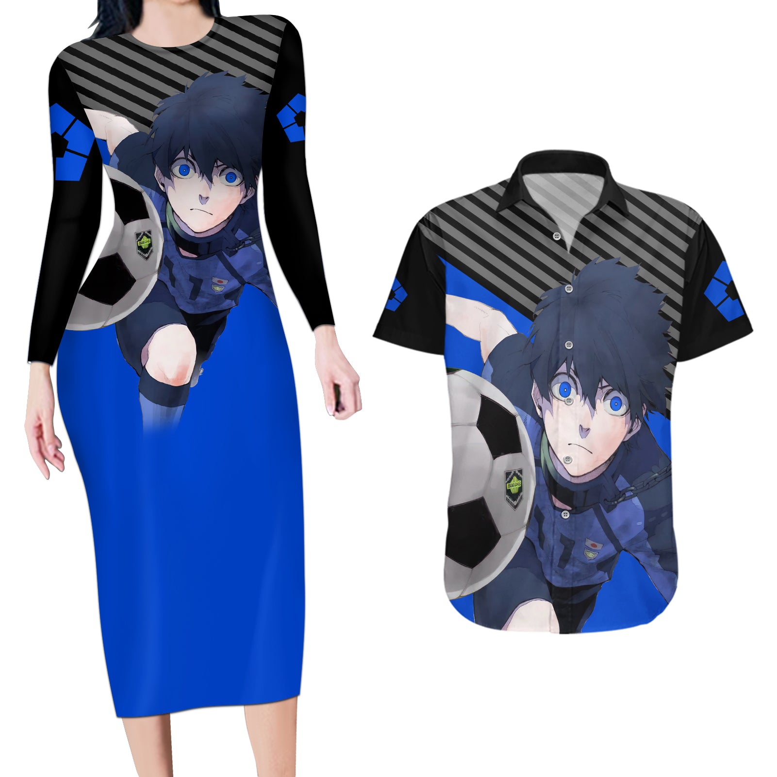 Yoichi Isagi Blue Lock Couples Matching Long Sleeve Bodycon Dress and Hawaiian Shirt Anime Style