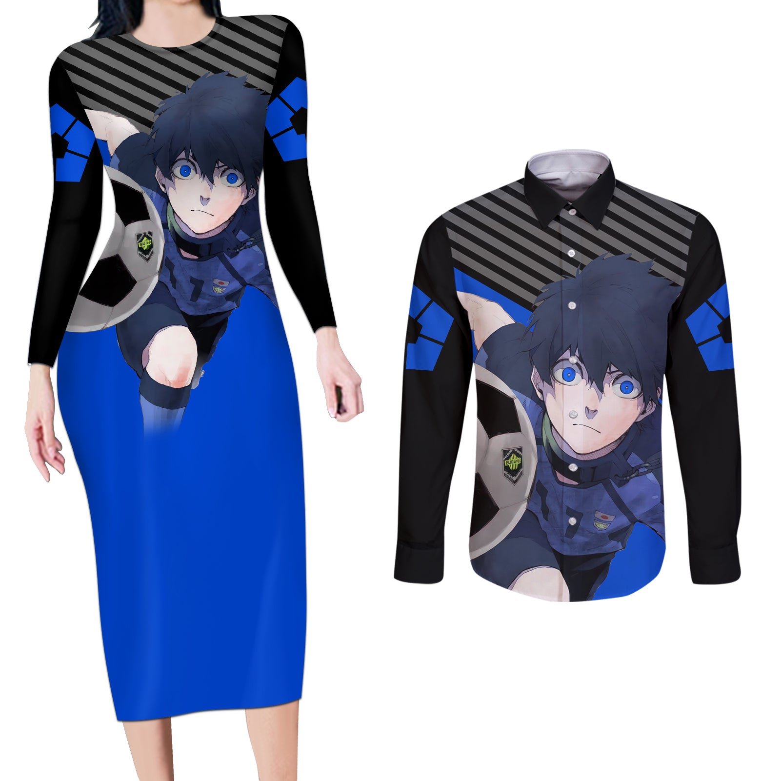 Yoichi Isagi Blue Lock Couples Matching Long Sleeve Bodycon Dress and Long Sleeve Button Shirt Anime Style