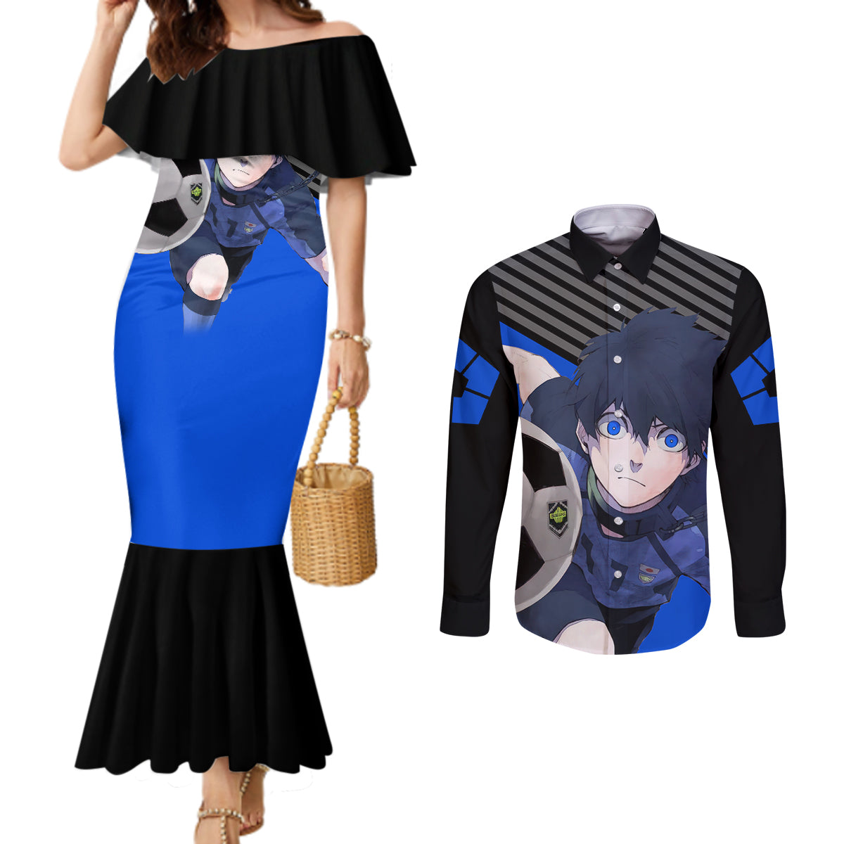 Yoichi Isagi Blue Lock Couples Matching Mermaid Dress and Long Sleeve Button Shirt Anime Style