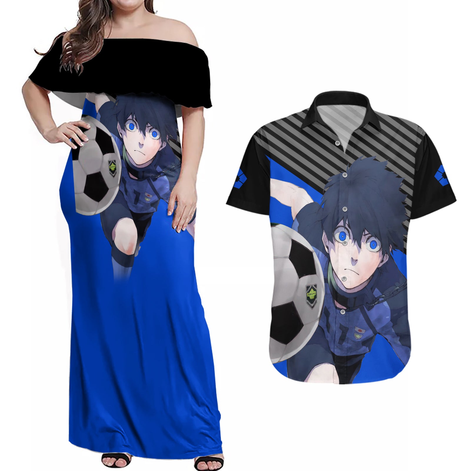 Yoichi Isagi Blue Lock Couples Matching Off Shoulder Maxi Dress and Hawaiian Shirt Anime Style