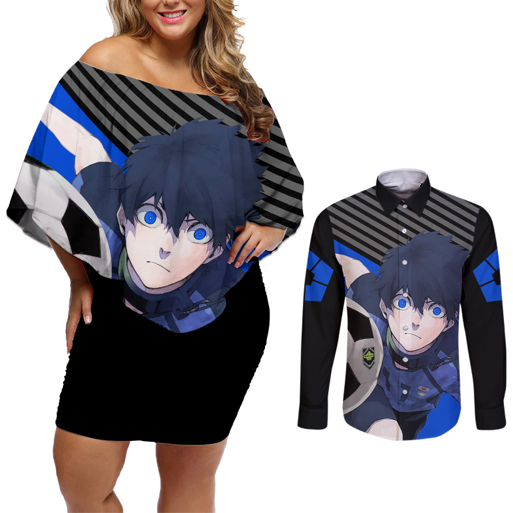 Yoichi Isagi Blue Lock Couples Matching Off Shoulder Short Dress and Long Sleeve Button Shirt Anime Style