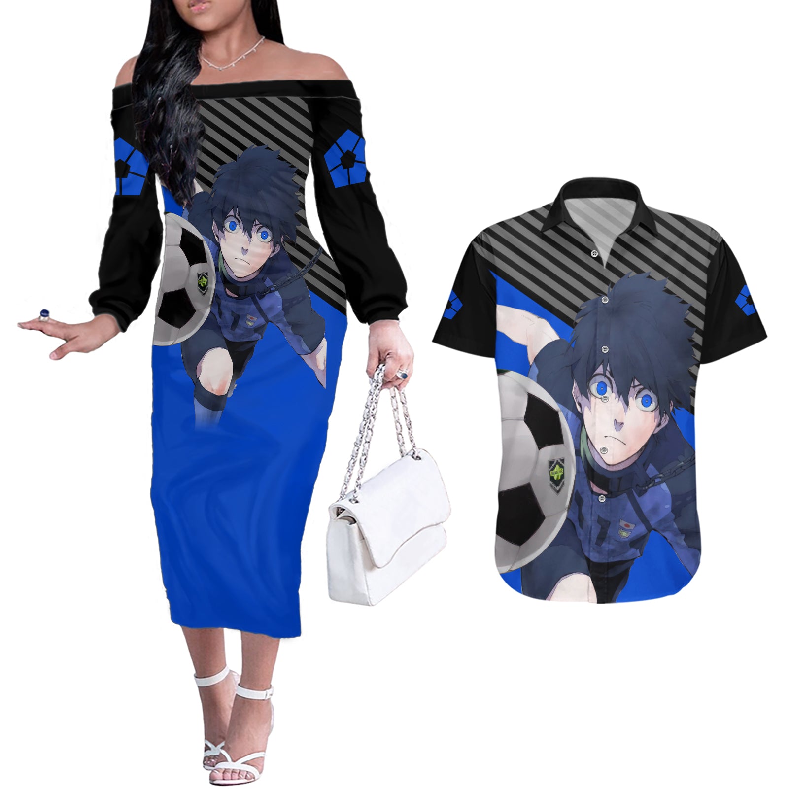 Yoichi Isagi Blue Lock Couples Matching Off The Shoulder Long Sleeve Dress and Hawaiian Shirt Anime Style