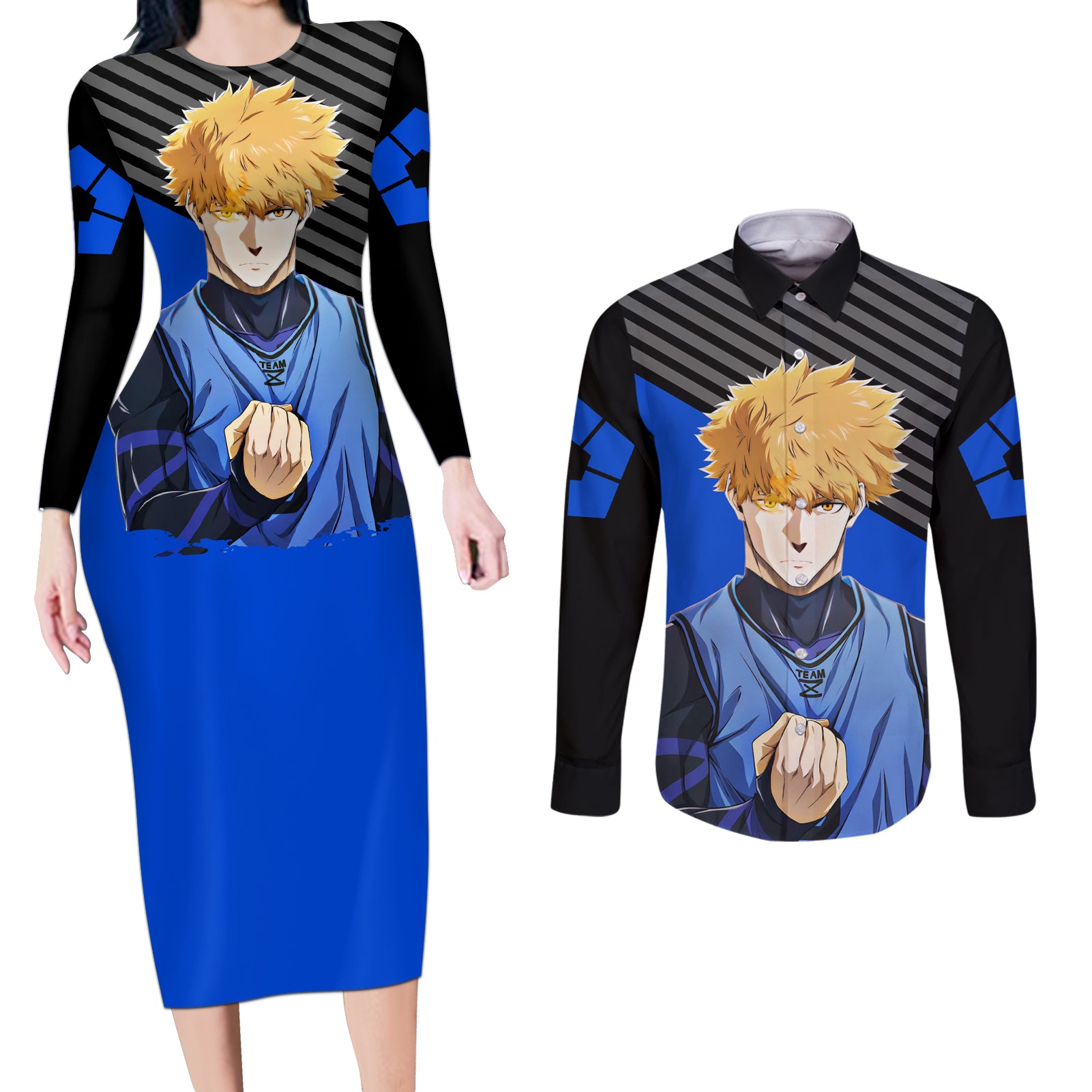Rensuke Kunigami Blue Lock Couples Matching Long Sleeve Bodycon Dress and Long Sleeve Button Shirt Anime Style