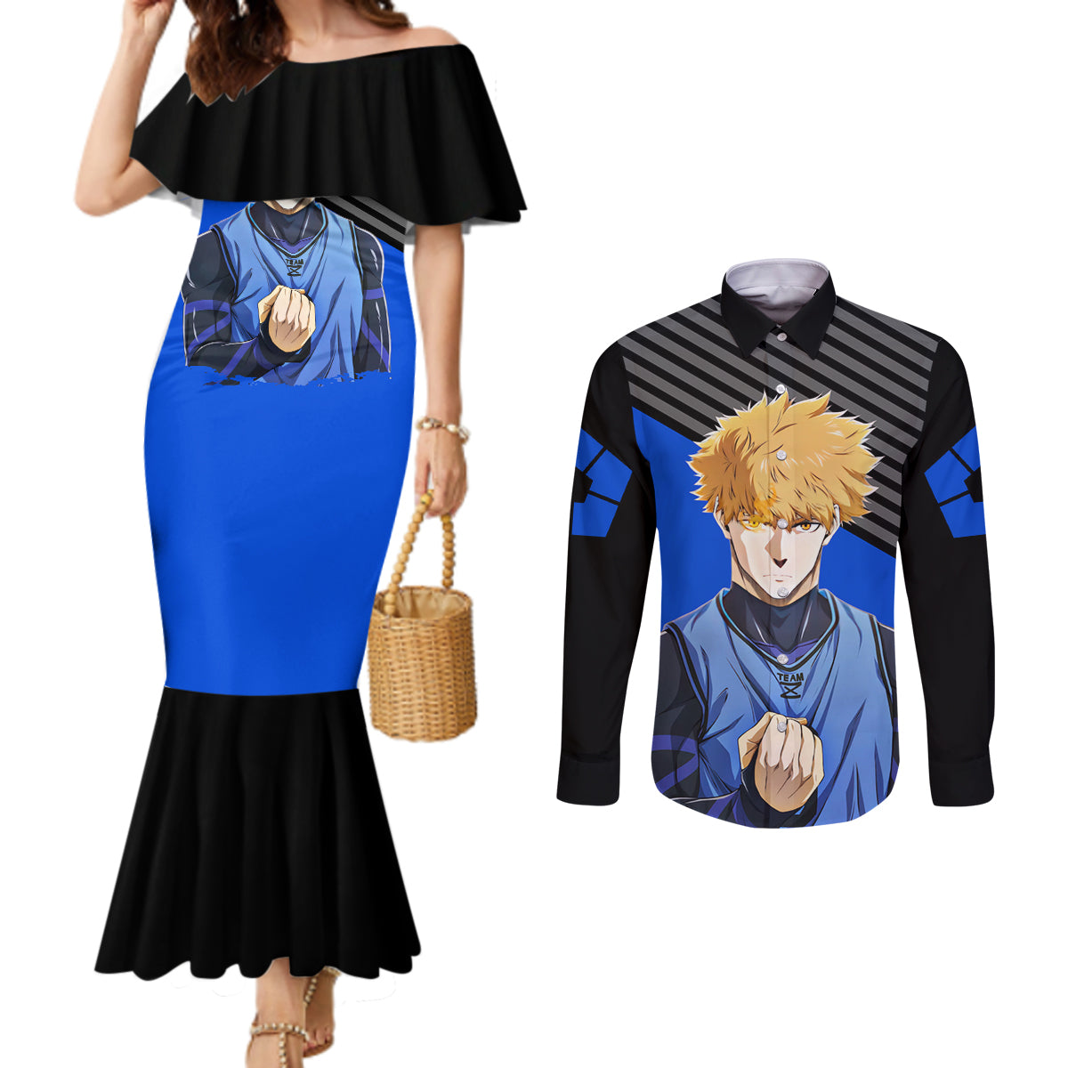 Rensuke Kunigami Blue Lock Couples Matching Mermaid Dress and Long Sleeve Button Shirt Anime Style