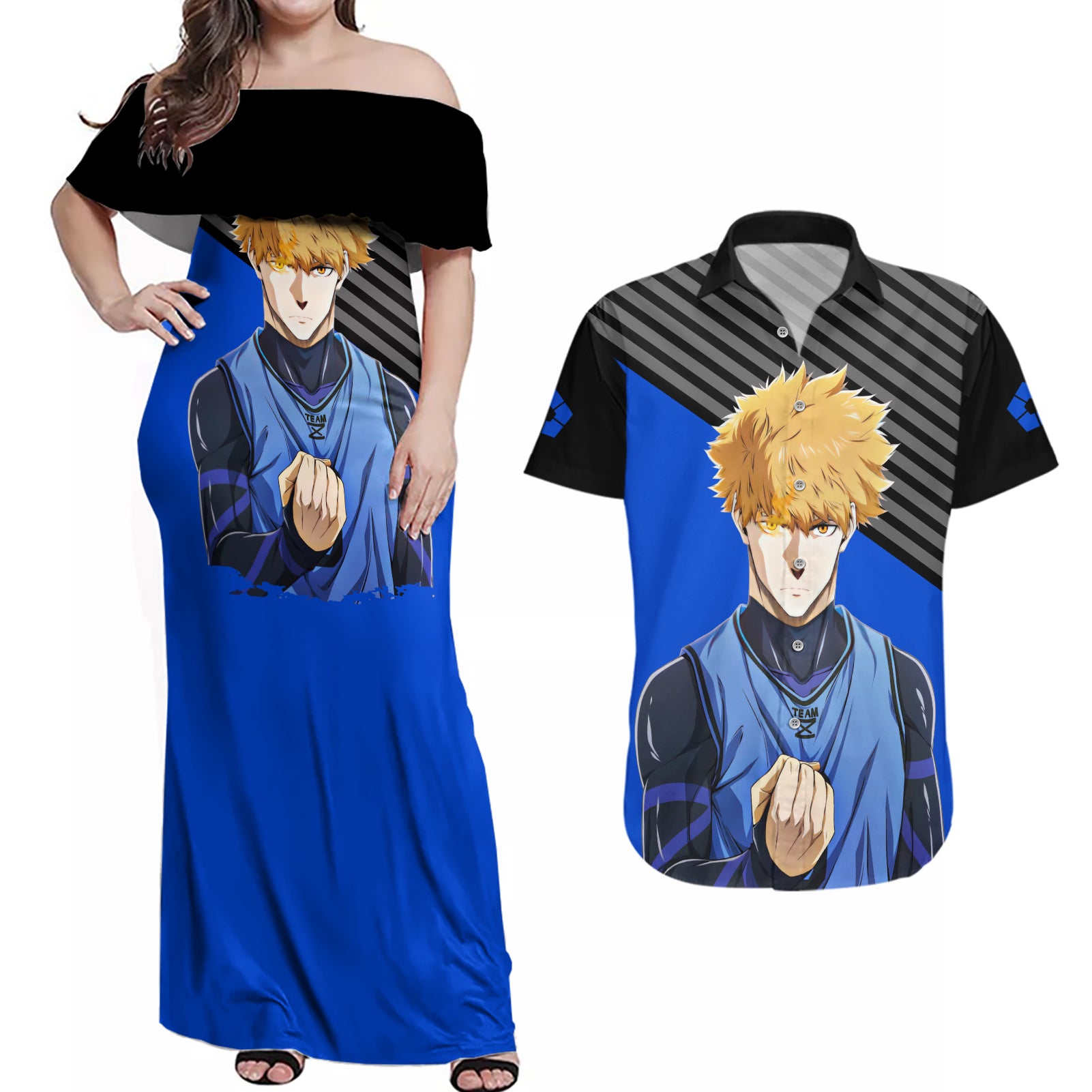 Rensuke Kunigami Blue Lock Couples Matching Off Shoulder Maxi Dress and Hawaiian Shirt Anime Style