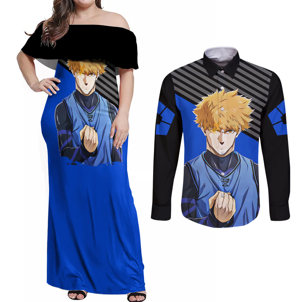 Rensuke Kunigami Blue Lock Couples Matching Off Shoulder Maxi Dress and Long Sleeve Button Shirt Anime Style