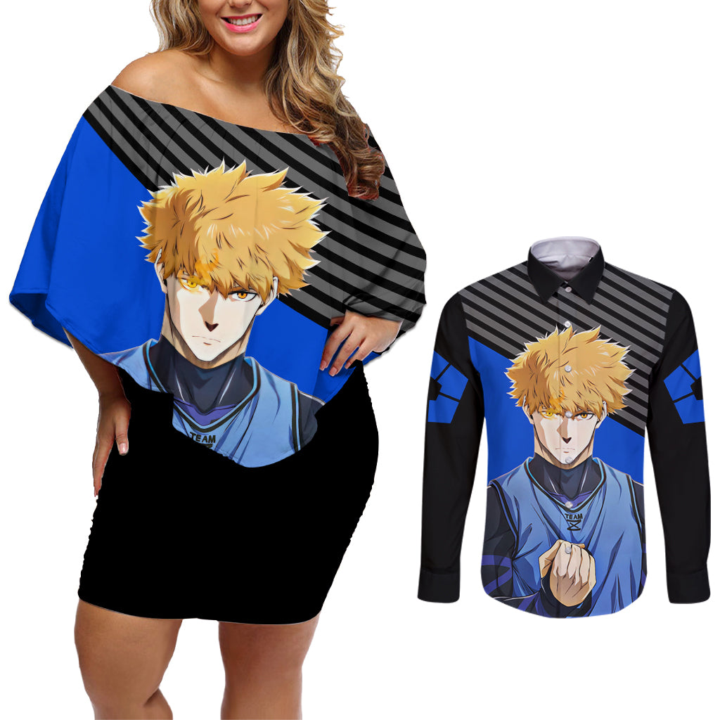 Rensuke Kunigami Blue Lock Couples Matching Off Shoulder Short Dress and Long Sleeve Button Shirt Anime Style