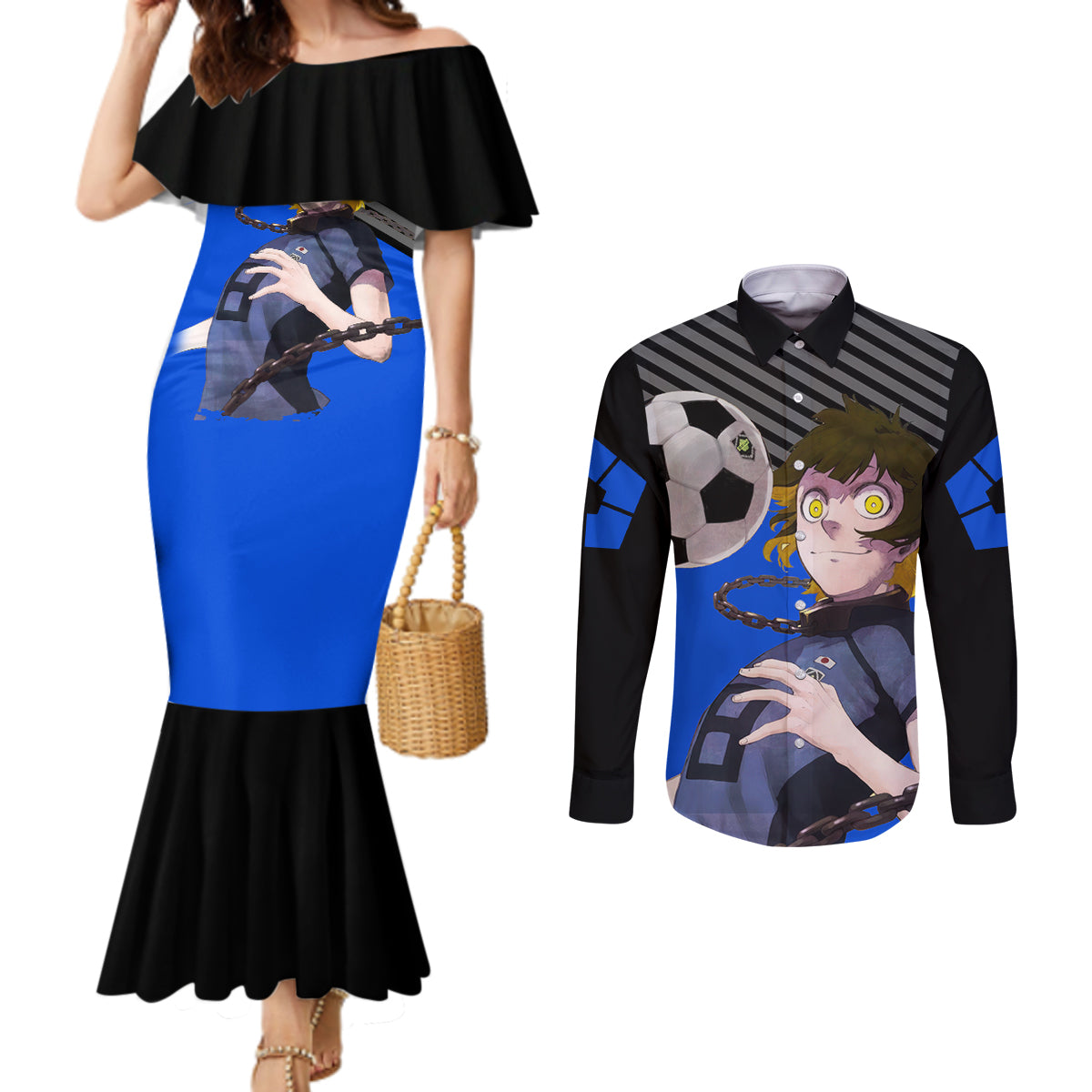 Meguru Bachira Blue Lock Couples Matching Mermaid Dress and Long Sleeve Button Shirt Anime Style