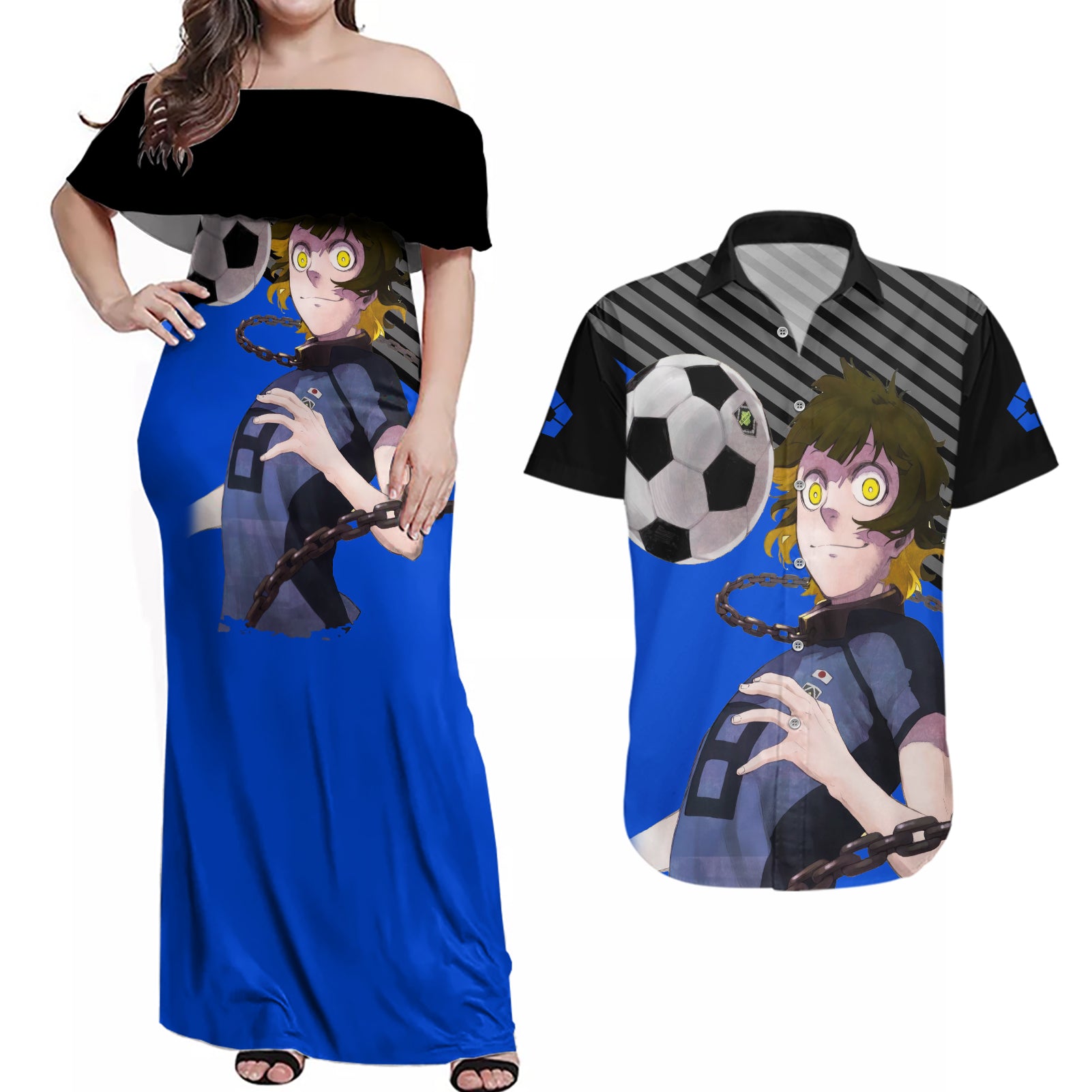 Meguru Bachira Blue Lock Couples Matching Off Shoulder Maxi Dress and Hawaiian Shirt Anime Style