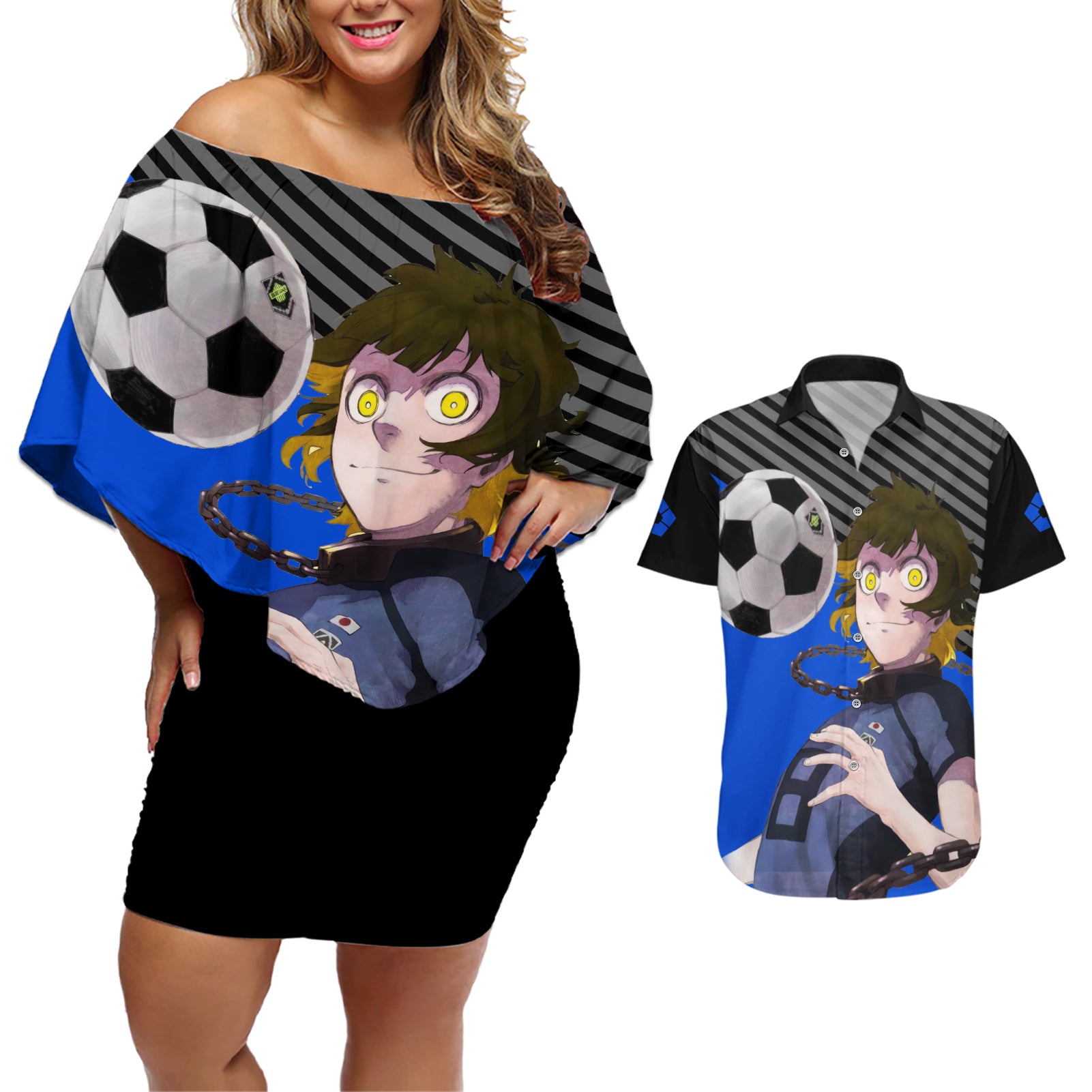 Meguru Bachira Blue Lock Couples Matching Off Shoulder Short Dress and Hawaiian Shirt Anime Style