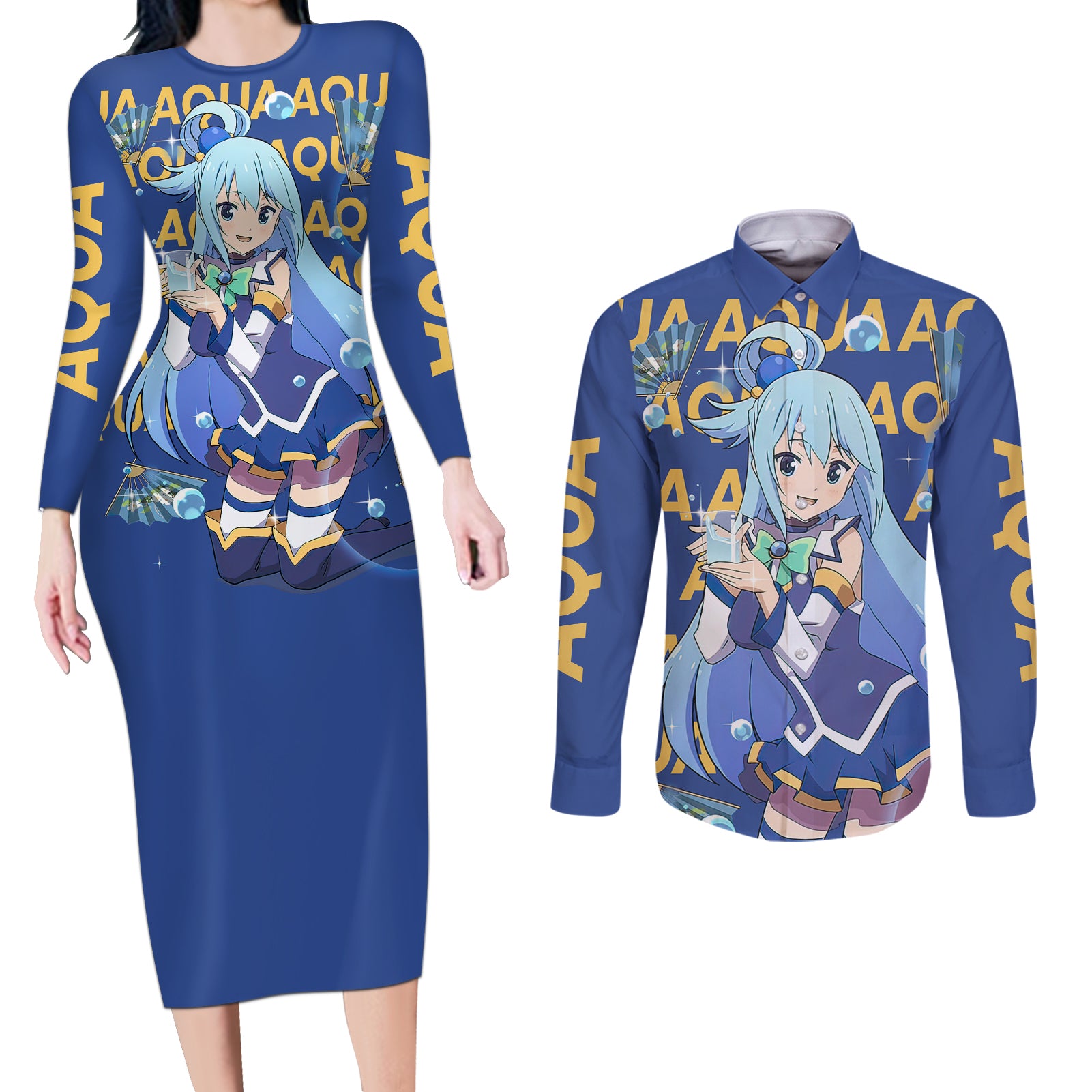 Aqua KonoSuba Couples Matching Long Sleeve Bodycon Dress and Long Sleeve Button Shirt Anime Style