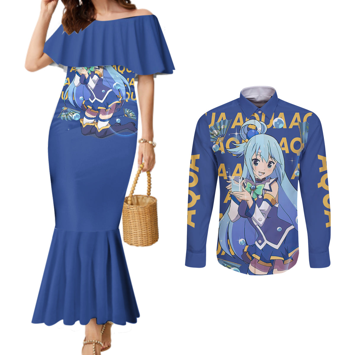 Aqua KonoSuba Couples Matching Mermaid Dress and Long Sleeve Button Shirt Anime Style