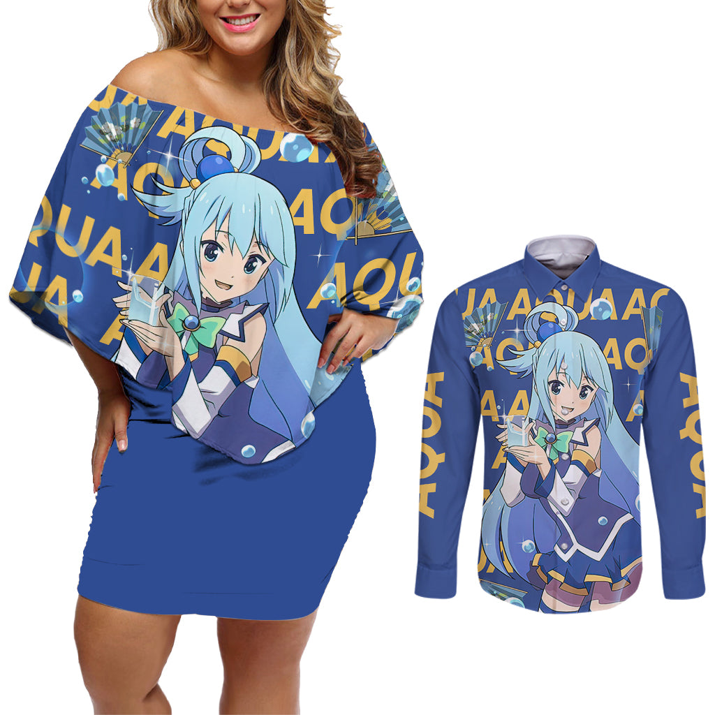 Aqua KonoSuba Couples Matching Off Shoulder Short Dress and Long Sleeve Button Shirt Anime Style