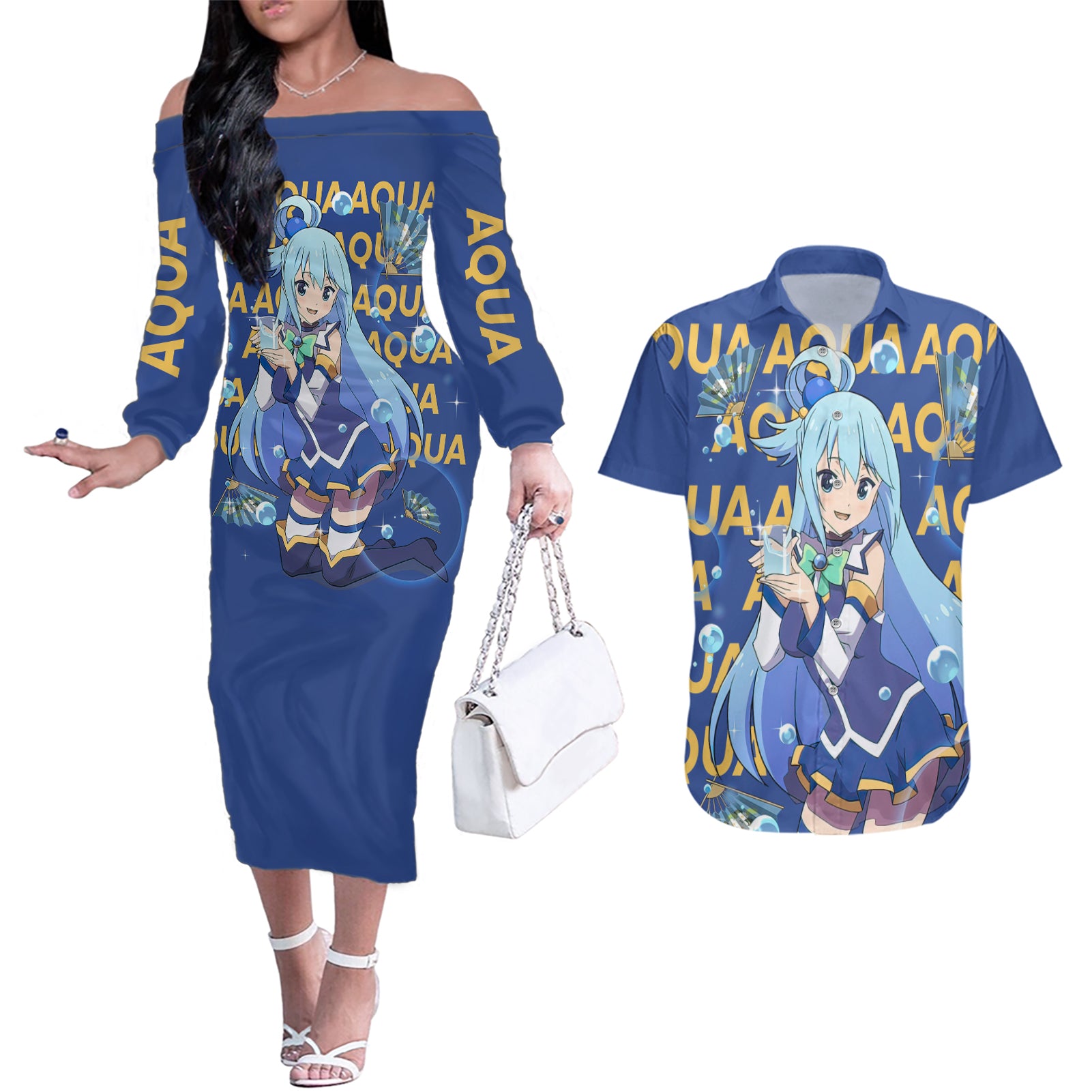 Aqua KonoSuba Couples Matching Off The Shoulder Long Sleeve Dress and Hawaiian Shirt Anime Style