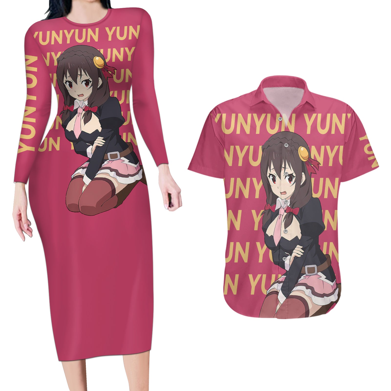 Yunyun KonoSuba Couples Matching Long Sleeve Bodycon Dress and Hawaiian Shirt Anime Style