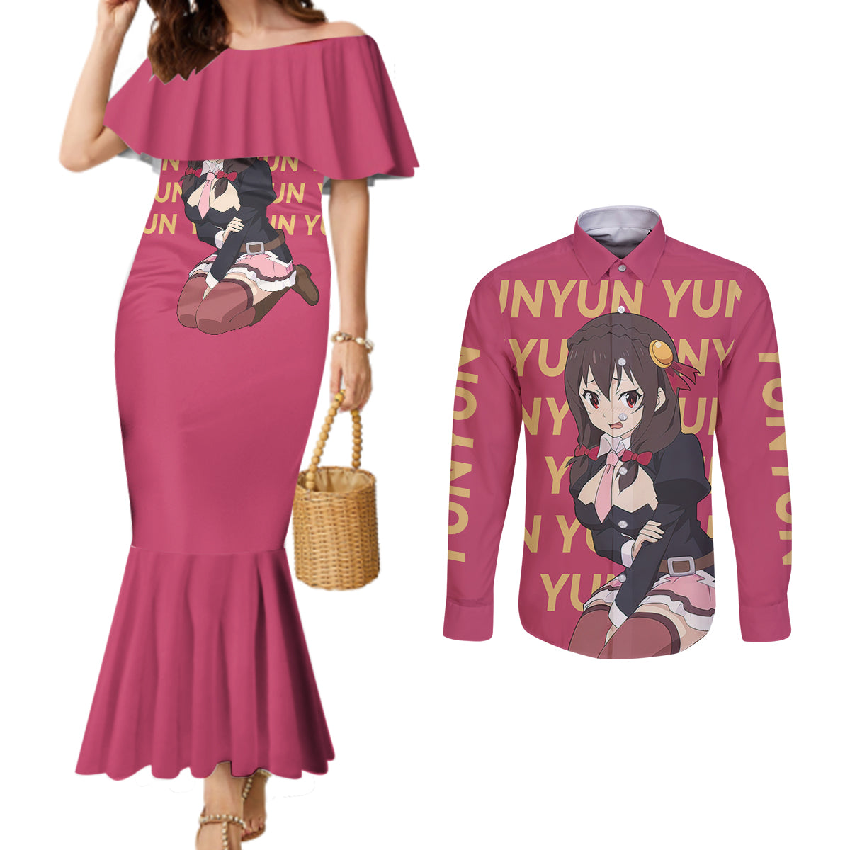 Yunyun KonoSuba Couples Matching Mermaid Dress and Long Sleeve Button Shirt Anime Style