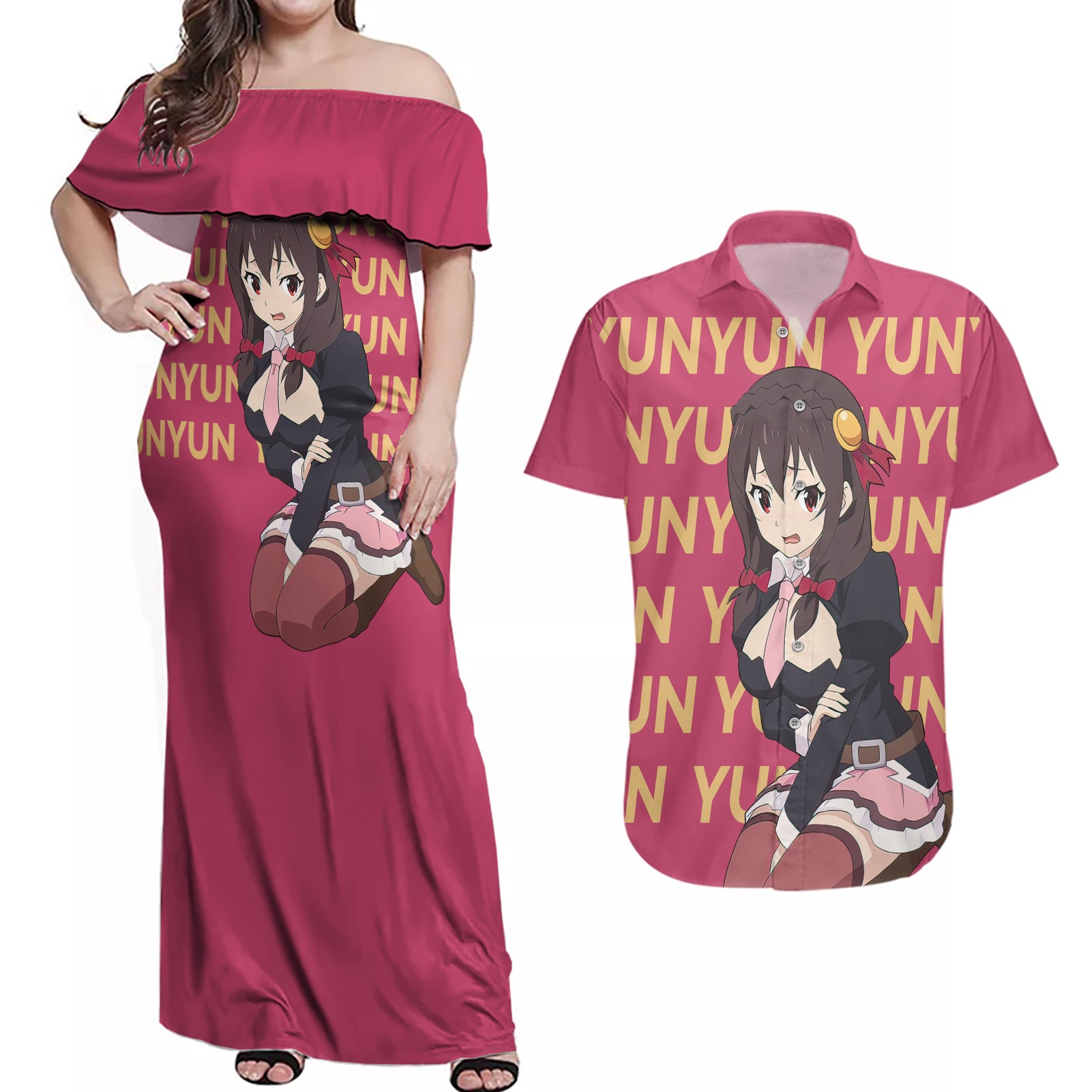 Yunyun KonoSuba Couples Matching Off Shoulder Maxi Dress and Hawaiian Shirt Anime Style
