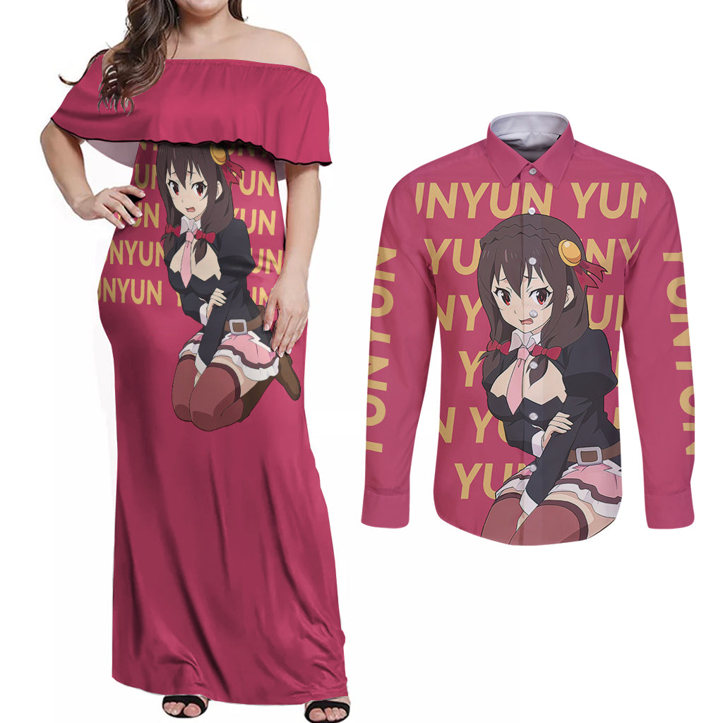 Yunyun KonoSuba Couples Matching Off Shoulder Maxi Dress and Long Sleeve Button Shirt Anime Style