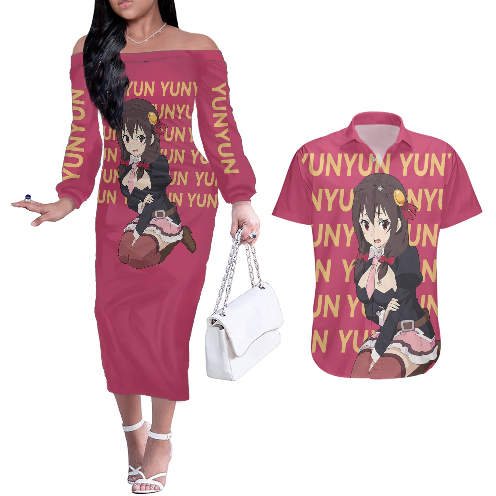 Yunyun KonoSuba Couples Matching Off The Shoulder Long Sleeve Dress and Hawaiian Shirt Anime Style