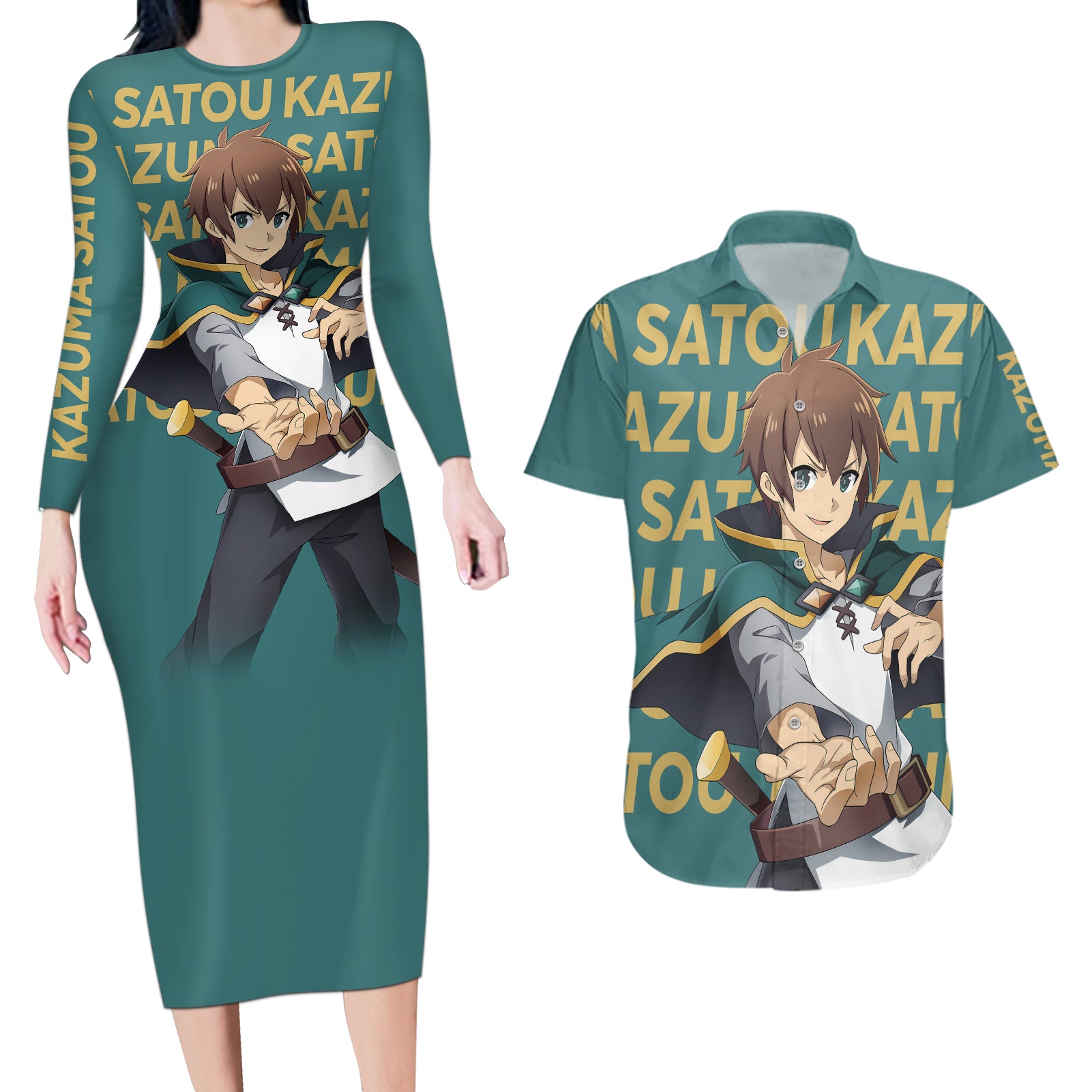 Kazuma Satou KonoSuba Couples Matching Long Sleeve Bodycon Dress and Hawaiian Shirt Anime Style