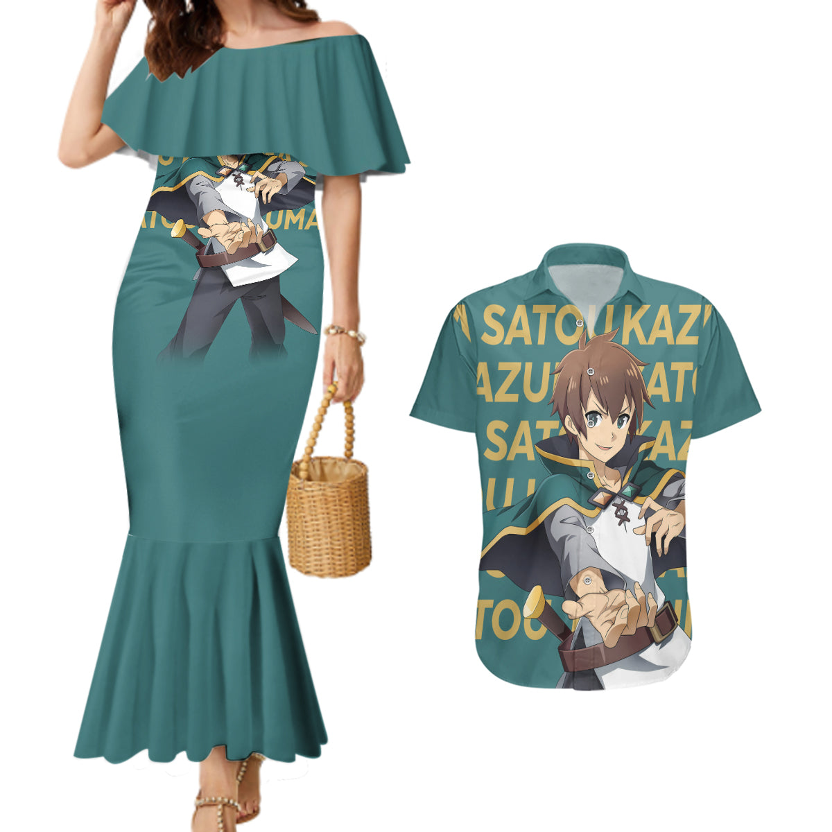 Kazuma Satou KonoSuba Couples Matching Mermaid Dress and Hawaiian Shirt Anime Style